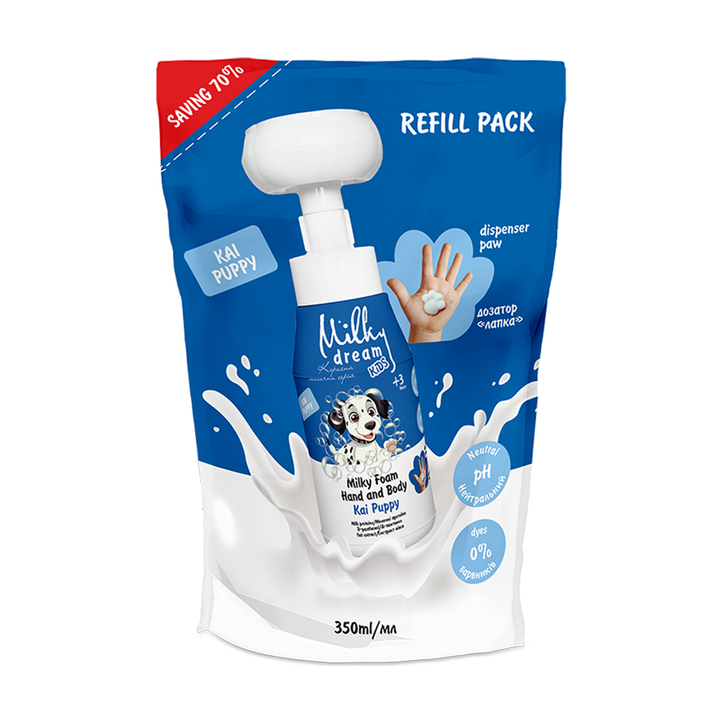 

Дитяча очищувальна пінка для рук та тіла Milky Dream Kids Milky Foam Hand And Body Kai Puppy Цуцик Кай, 350 мл (дойпак)