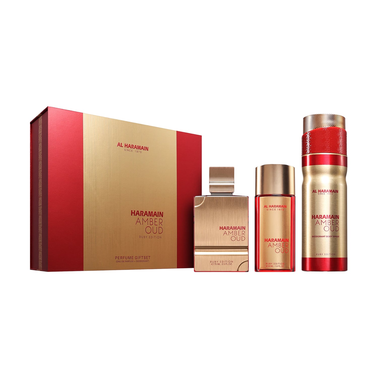 

Парфумований набір унісекс Al Haramain Amber Oud Ruby Edition (парфумована вода, 75 мл + парфумована вода, 30 мл + дезодорант-спрей, 200 мл)