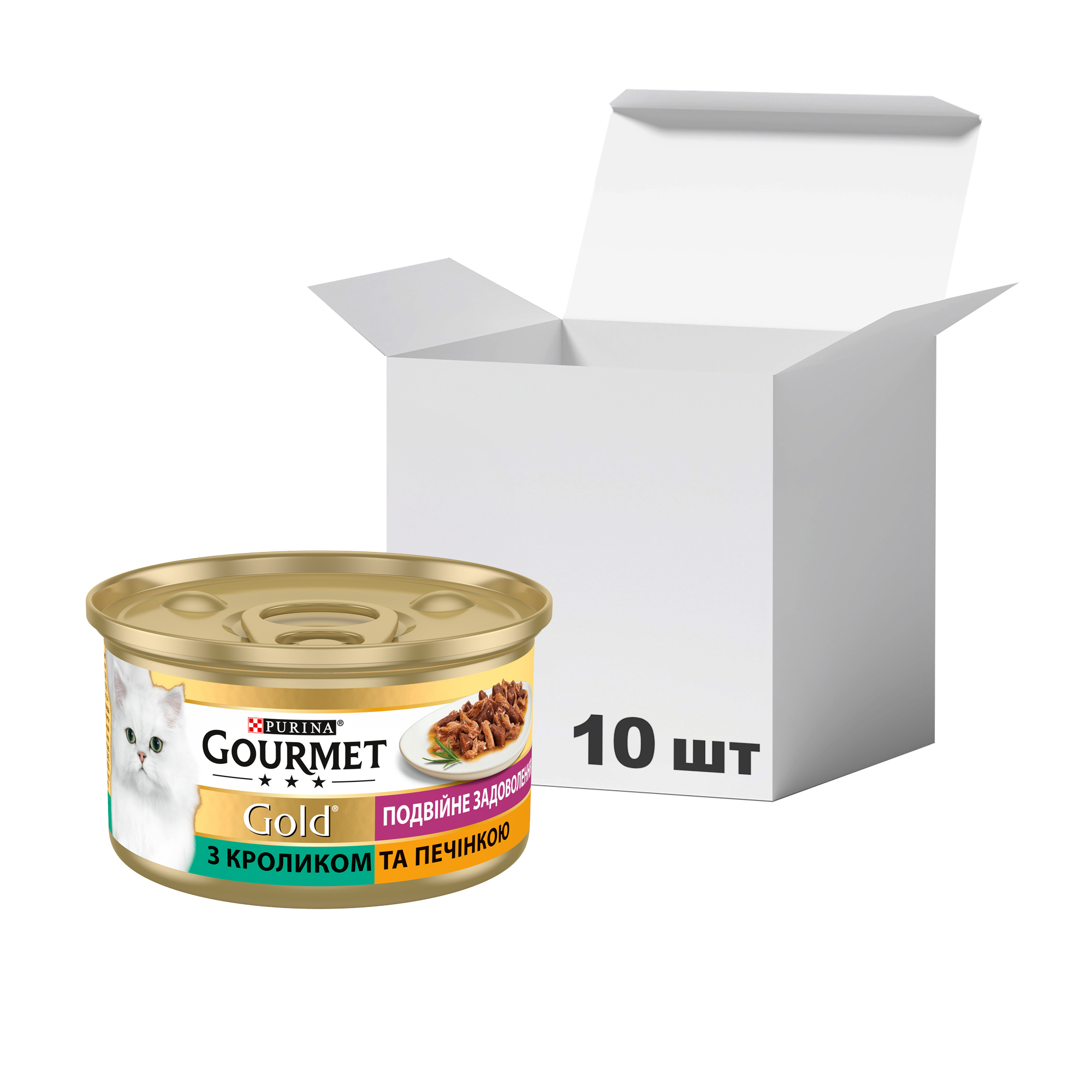 

Упаковка вологого корму для дорослих кішок Gourmet Gold Подвійне задоволення, шматочки в соусі з кроликом та печінкою, 85 г * 10 шт