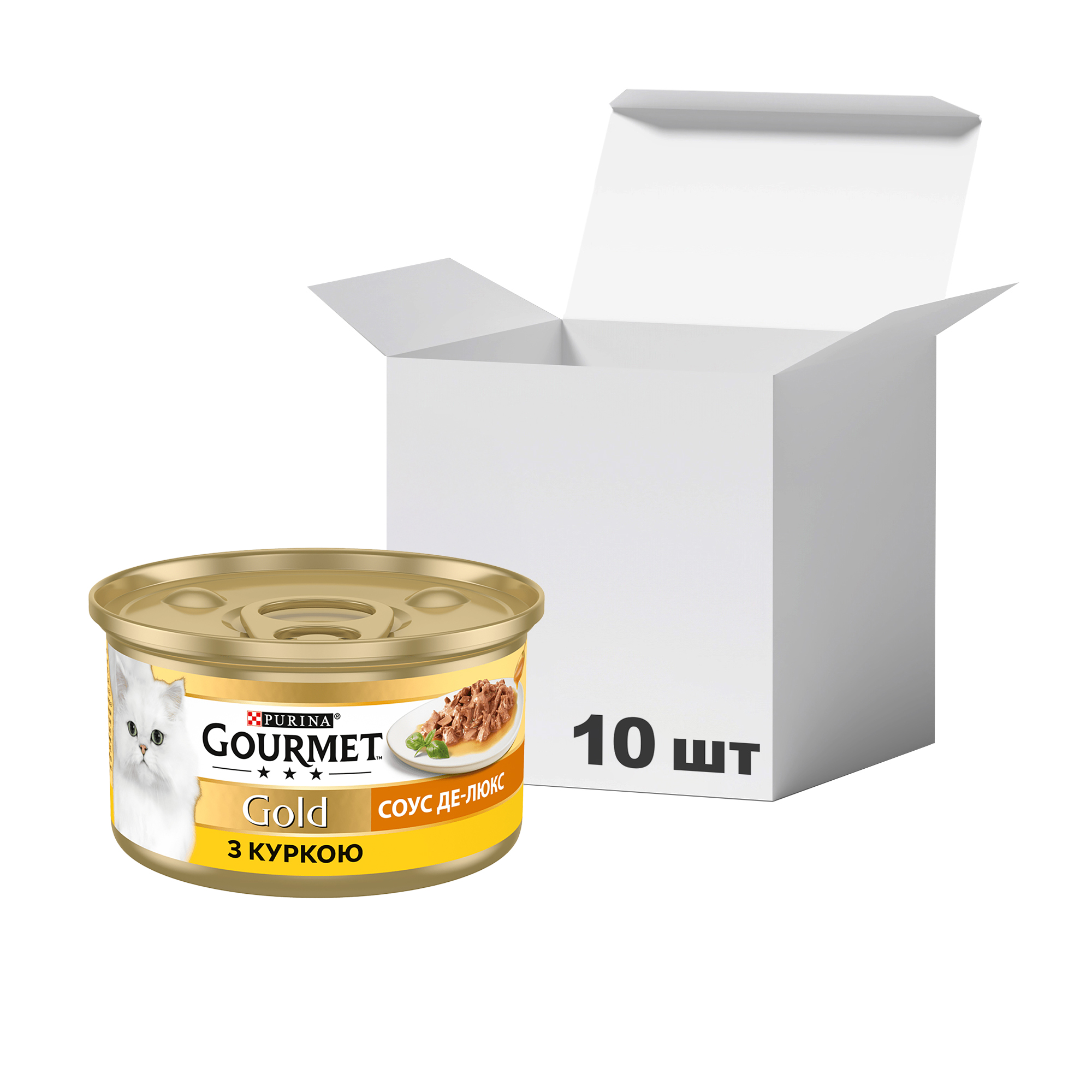 

Упаковка вологого корму для кішок Purina Gourmet Gold Соус Де-Люкс з куркою, 85 г * 10 шт