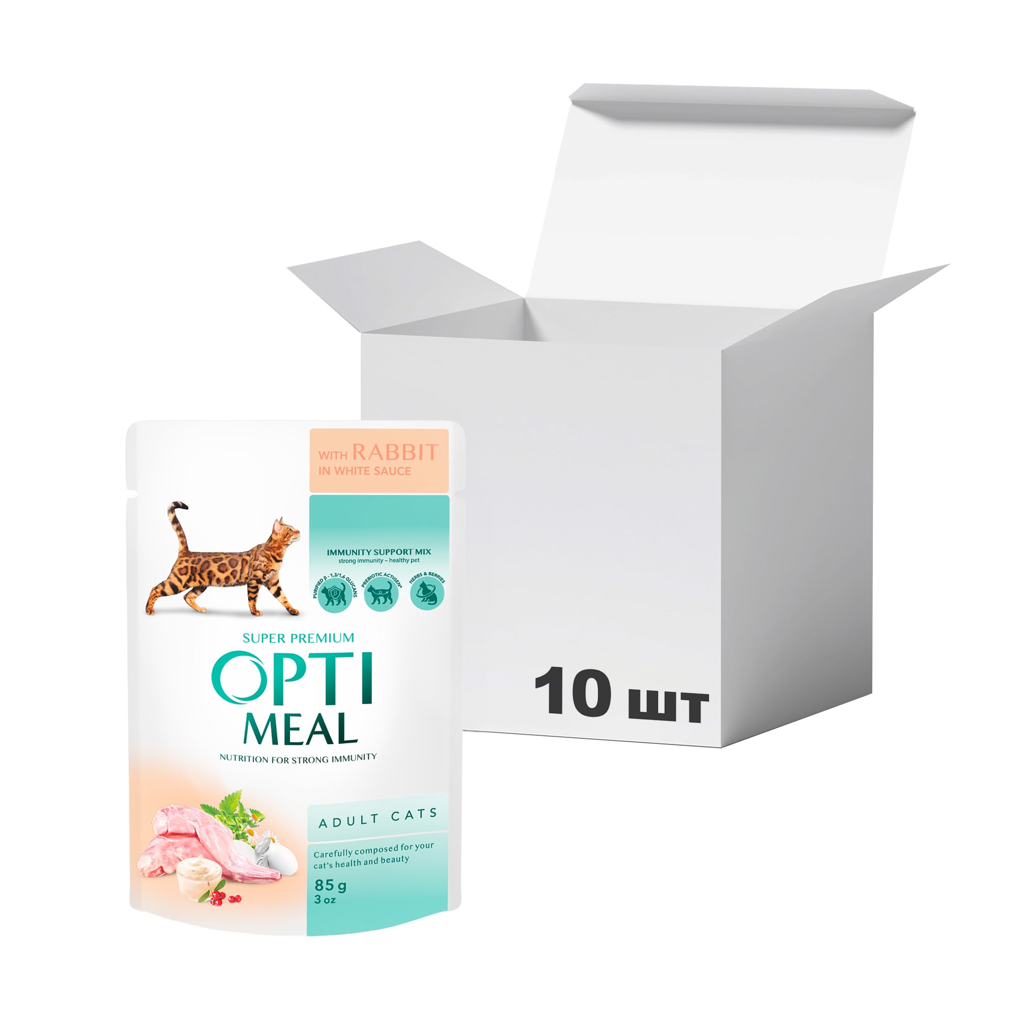 

Упаковка вологого корму для кішок Optimeal з кроликом в білому соусі, 85 г * 10 шт