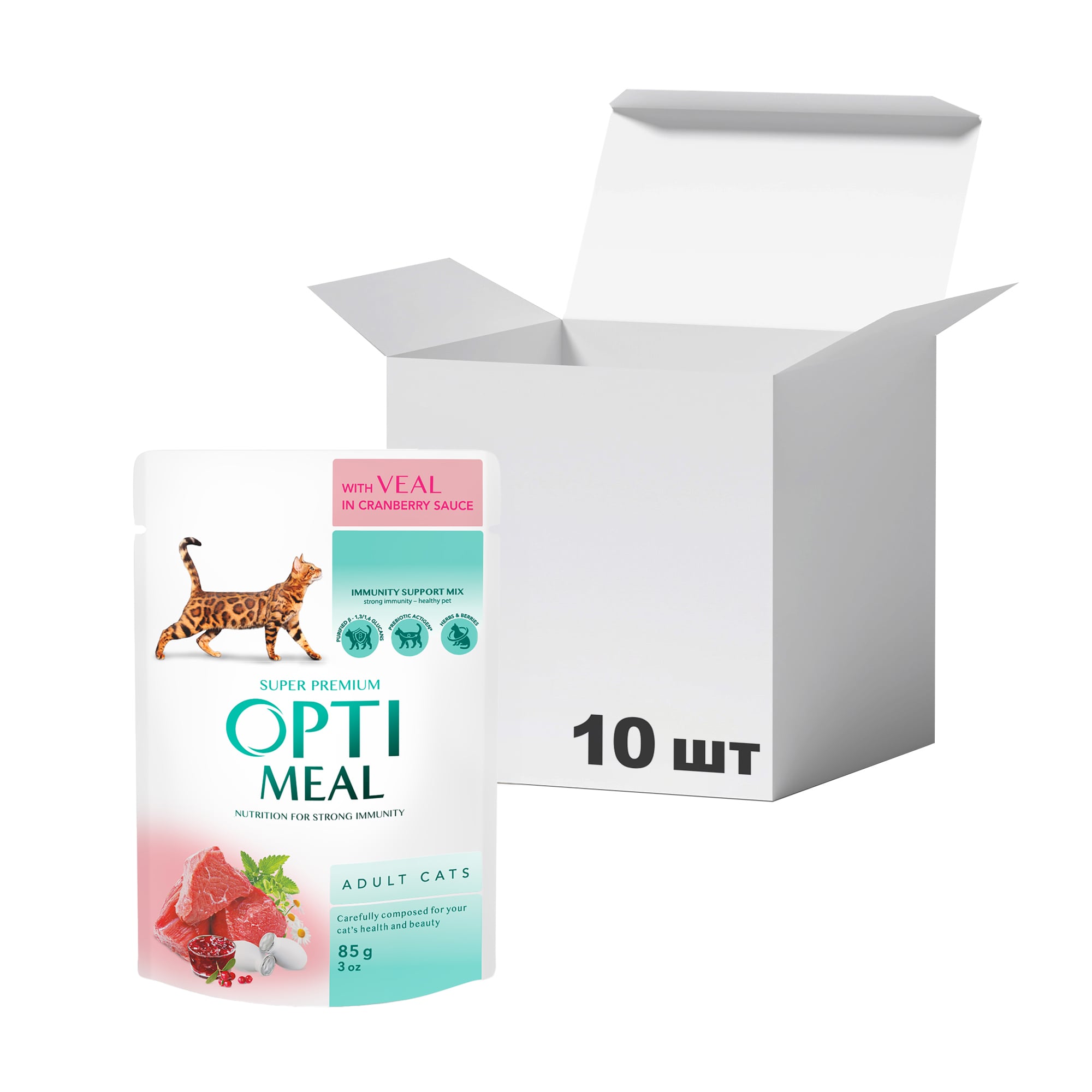 

Упаковка вологого корму для дорослих кішок Optimeal з телятиною в журавлинному соусі, 85 г * 10 шт