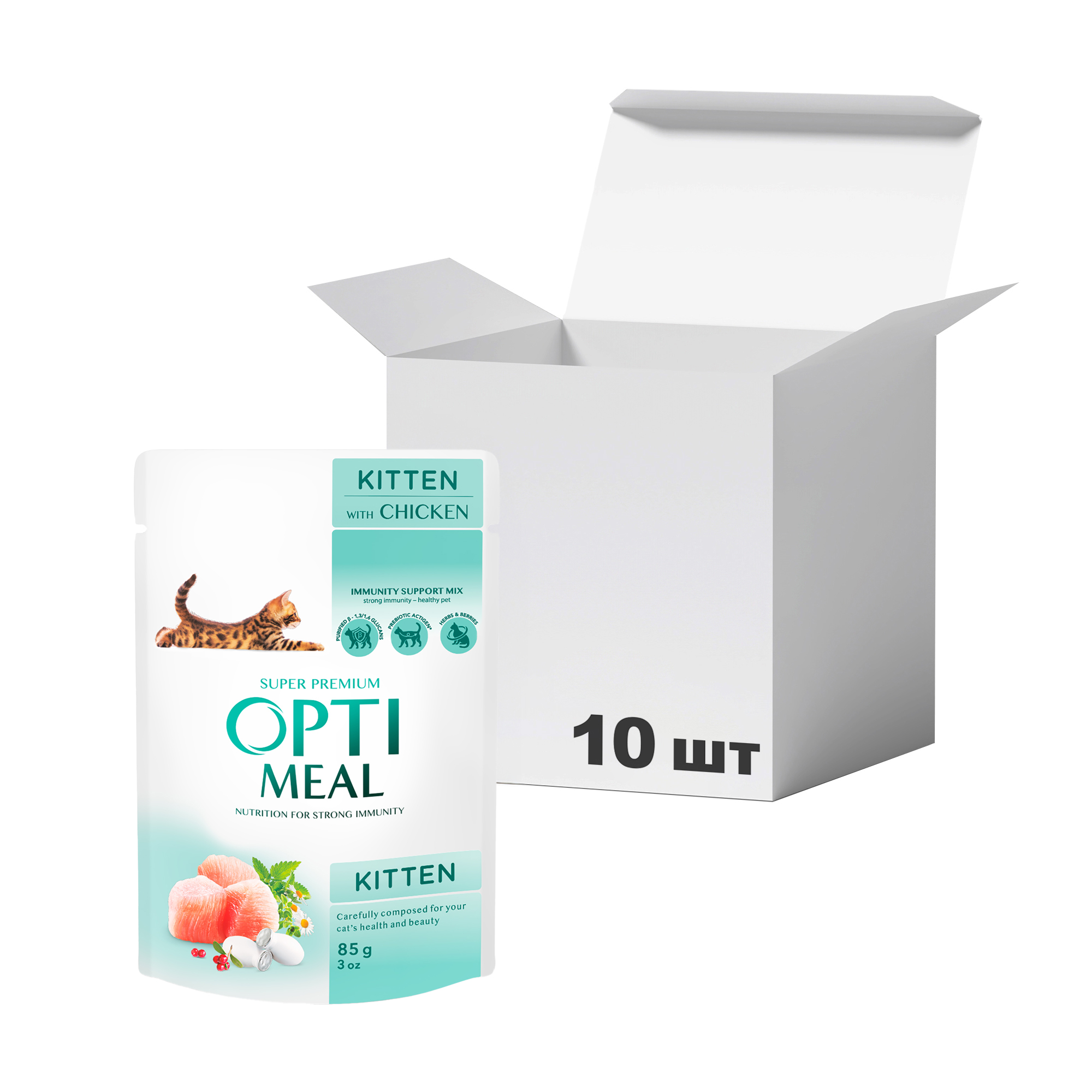 

Упаковка вологого корму для кошенят Optimeal з куркою, 85 г * 10 шт