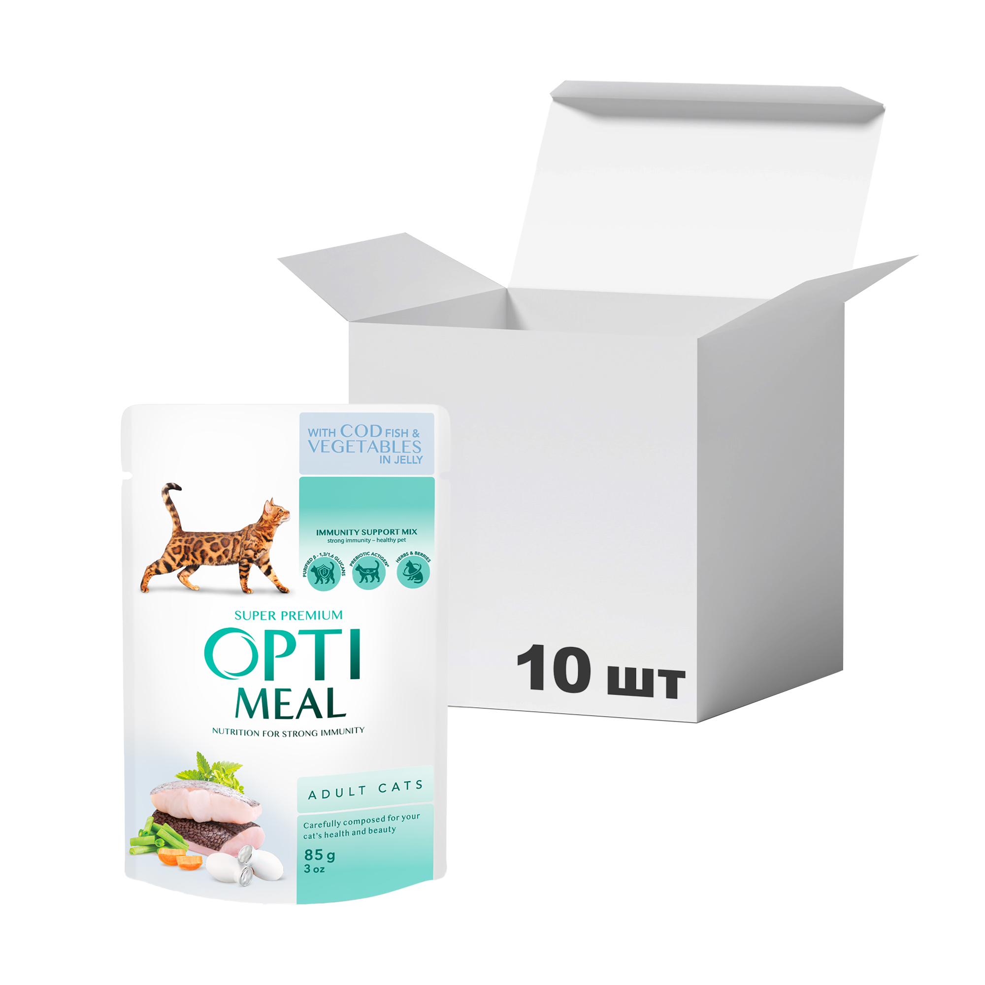 

Упаковка вологого корму для дорослих кішок Optimil з тріскою і овочами в желе, 85 г * 10 шт