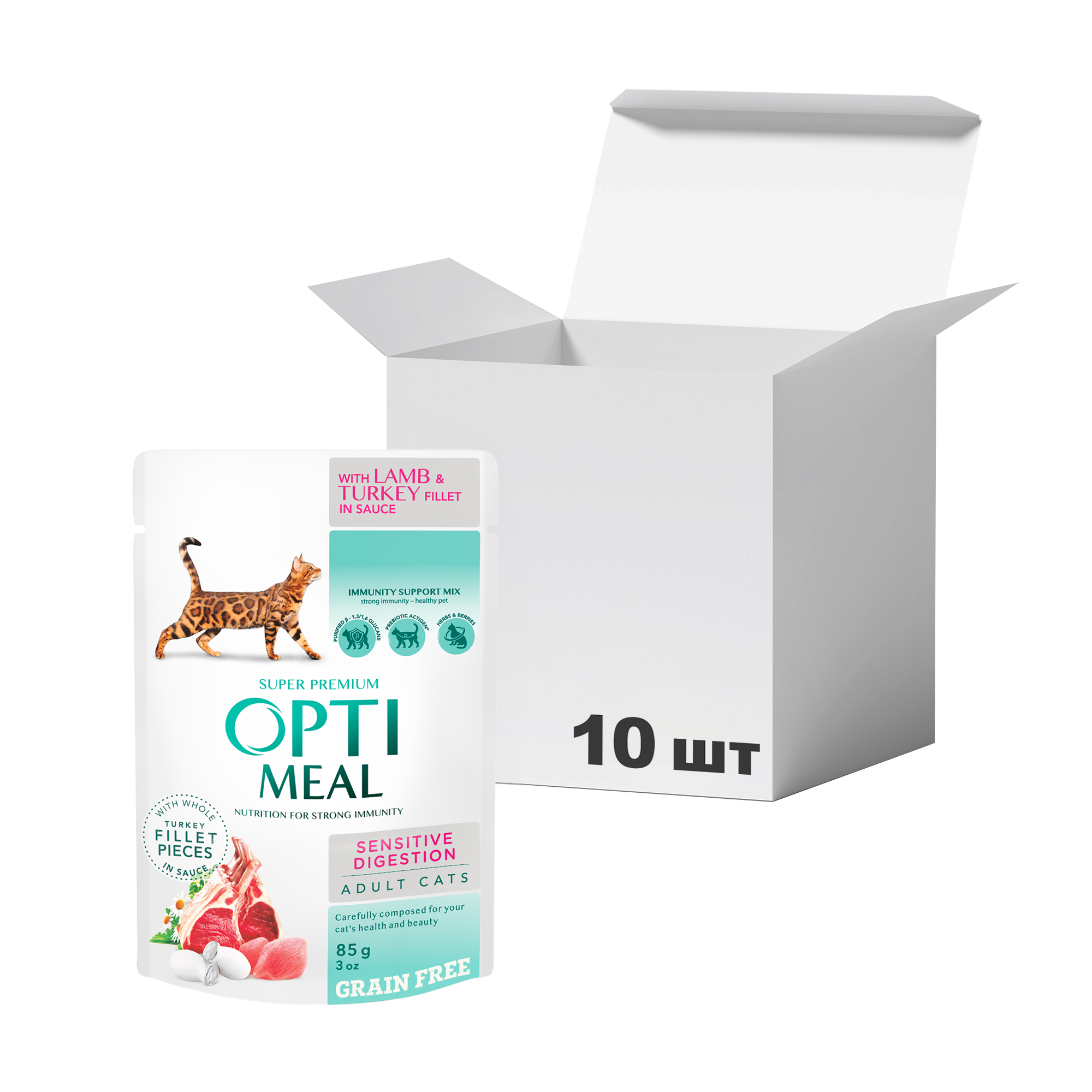 

Упаковка беззернового вологого корму для дорослих кішок Optimil з чутливим травленням, з ягням і філе індички в соусі, 85 г * 10 шт