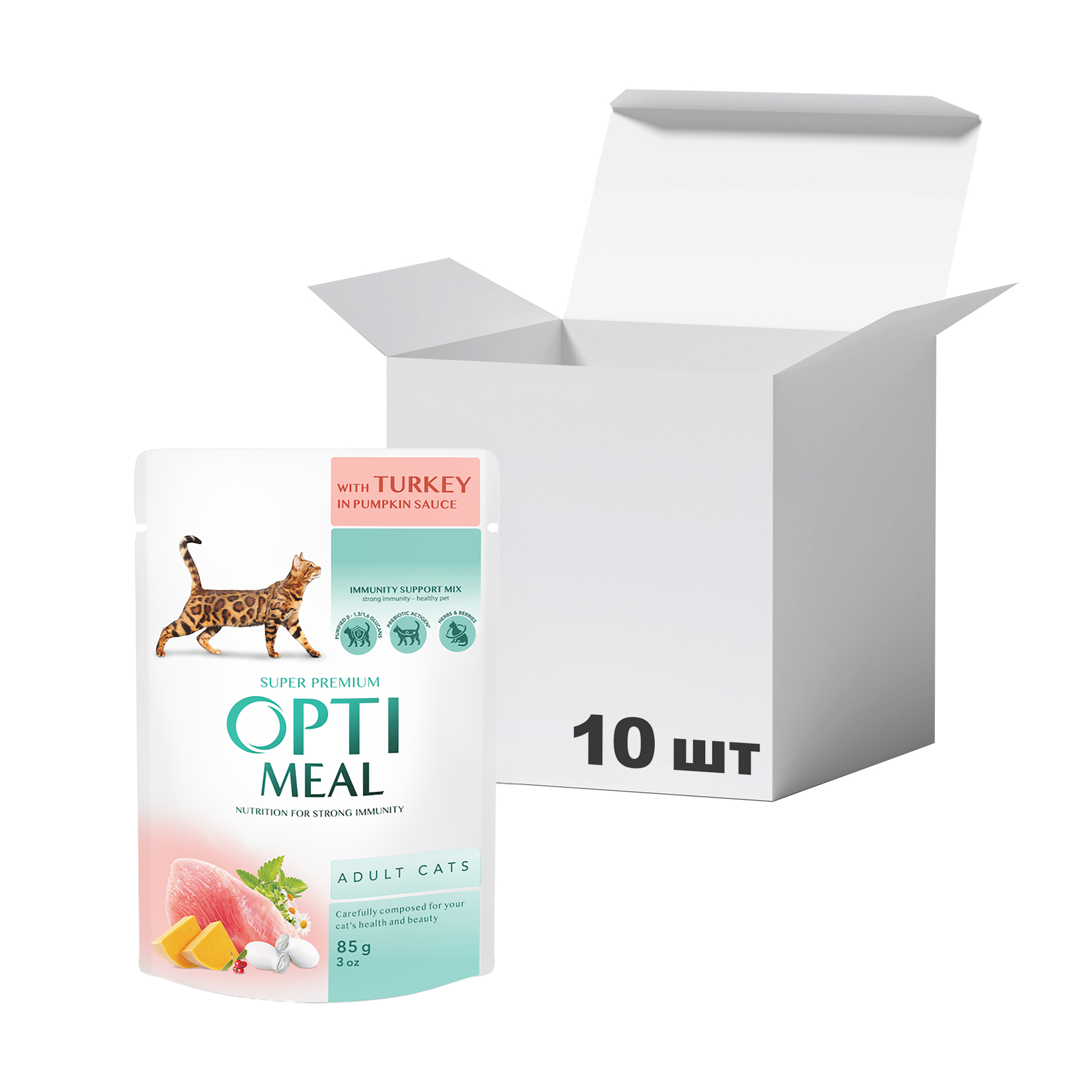 

Упаковка вологого корму для дорослих кішок Optimeal Super Premium, з індичкою в гарбузовому соусі, 85 г * 10 шт