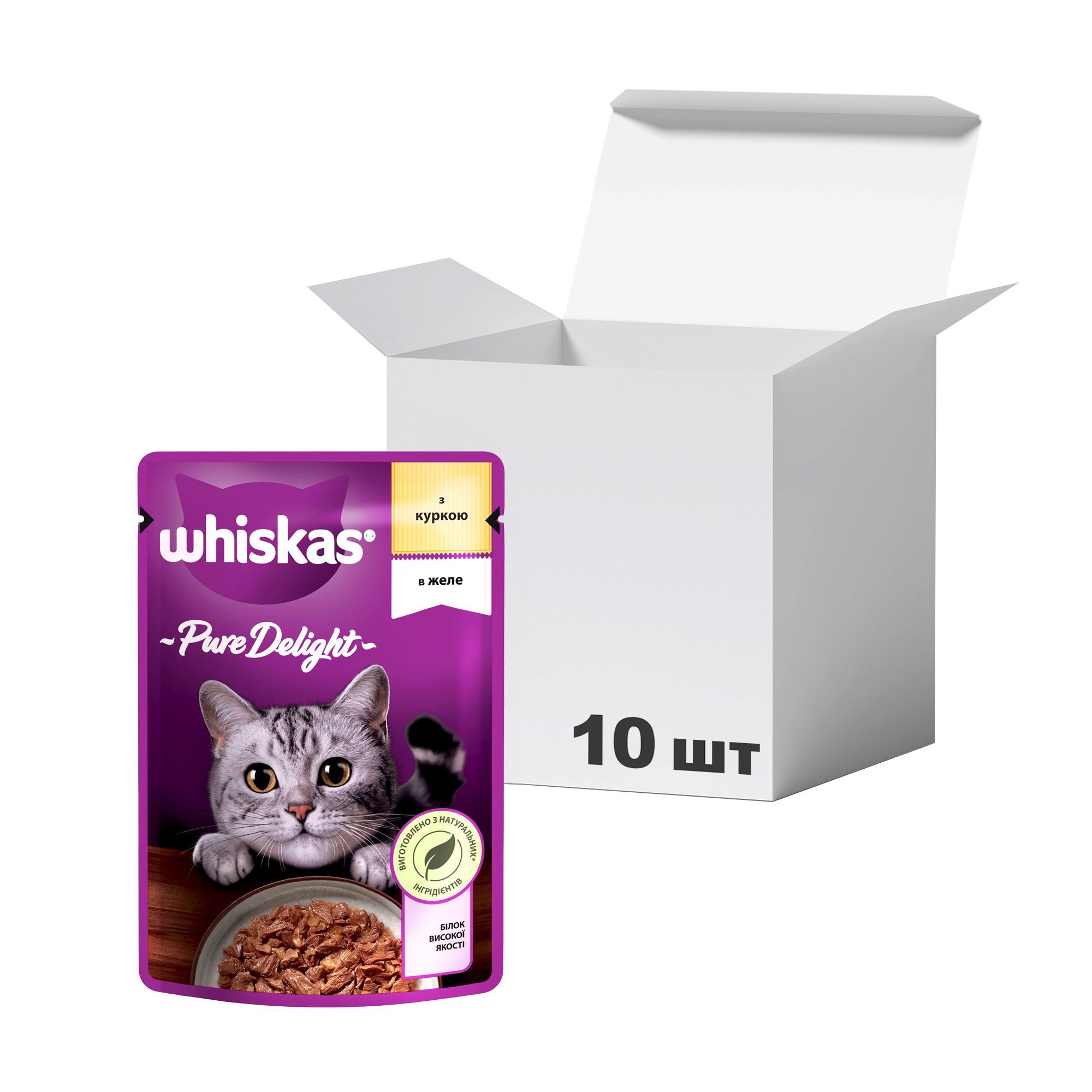 

Упаковка вологого корму для кішок Whiskas Pure Delight з куркою в желе, 85 г * 10 шт