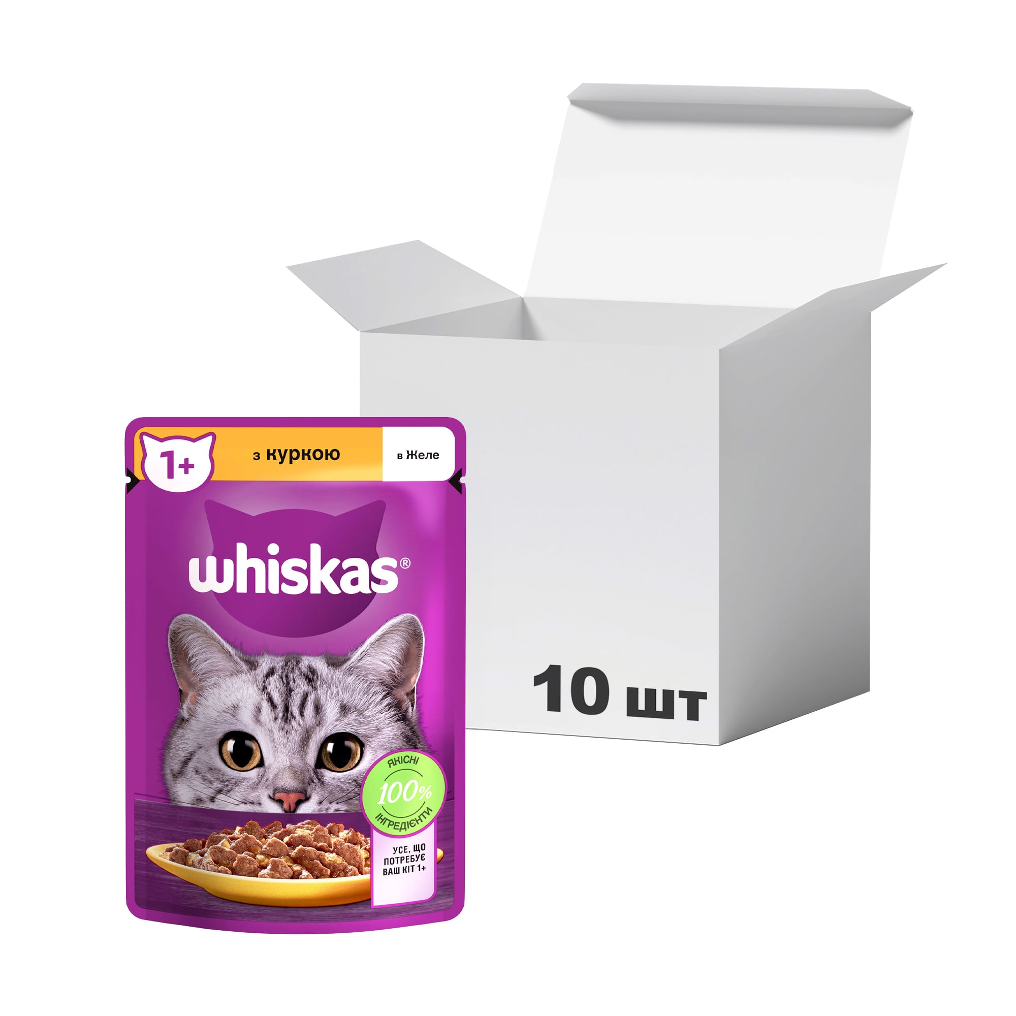 

Упаковка вологого корму для дорослих кішок Whiskas з куркою в желе, 85 г * 10 шт
