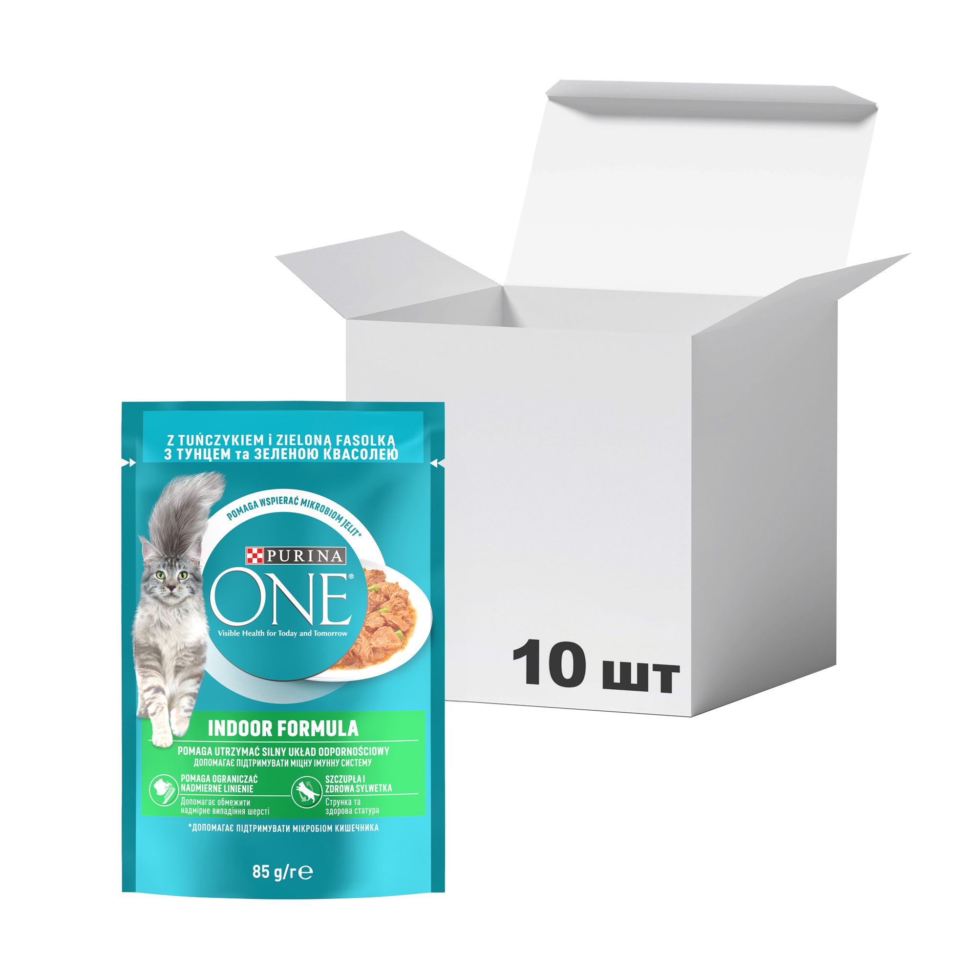 

Упаковка вологого корму для дорослих кішок Purina One Indoor шматочки в соусі з тунцем та зеленою квасолею, 85 г * 10 шт