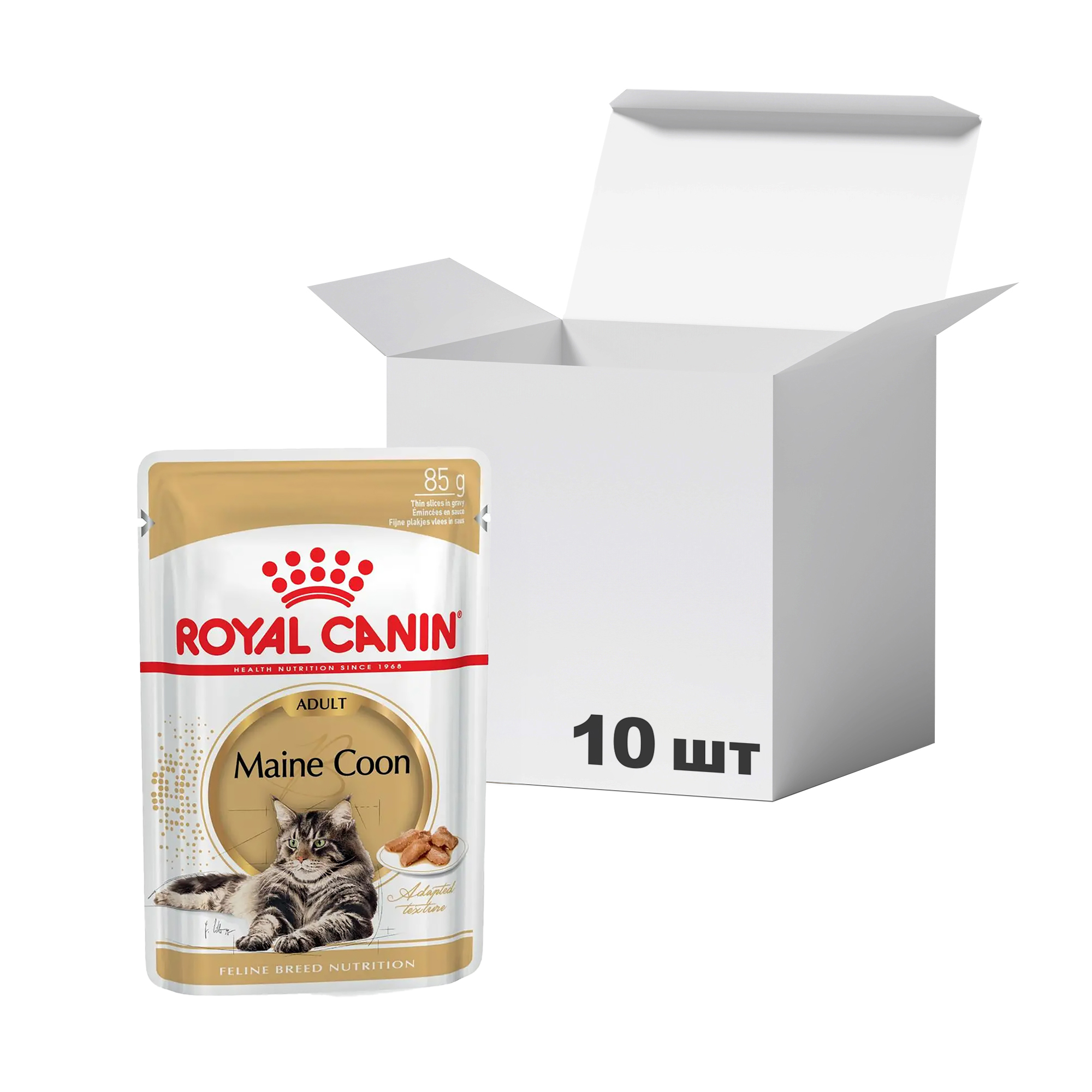 

Упаковка вологого корму для дорослих котів породи мейн-кун Royal Canin Maine Coon Adult шматочки в соусі, 85 г * 10 шт (2031001)
