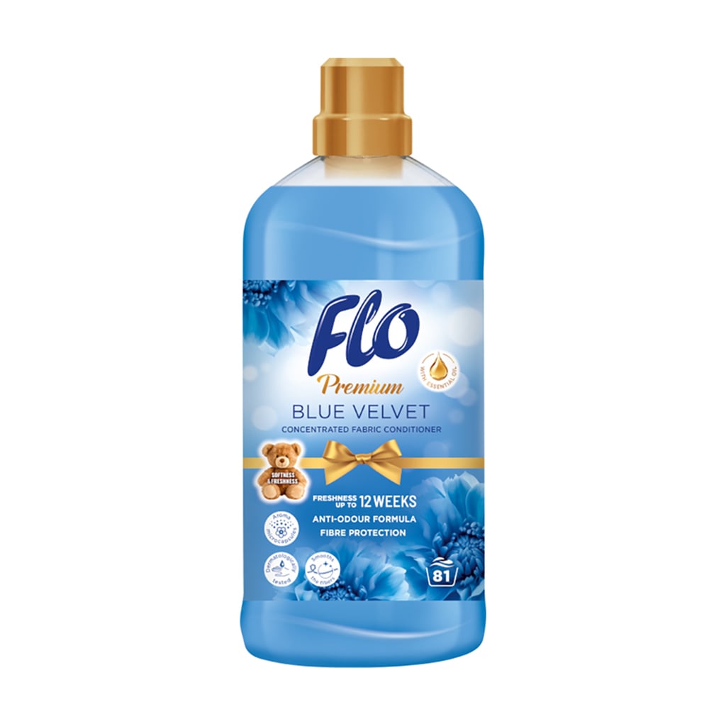 

Концентрований кондиціонер для білизни Flo Premium Blue Velvet, 81 циклів прання, 1.8 л