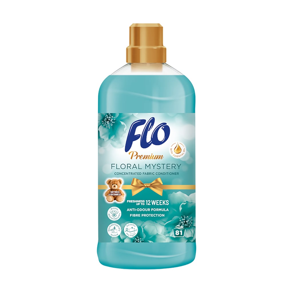 

Концентрований кондиціонер для білизни Flo Premium Floral Mystery, 81 циклів прання, 1.8 л