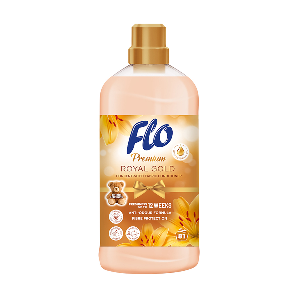 

Концентрований кондиціонер для білизни Flo Premium Royal Gold, 81 циклів прання, 1.8 л