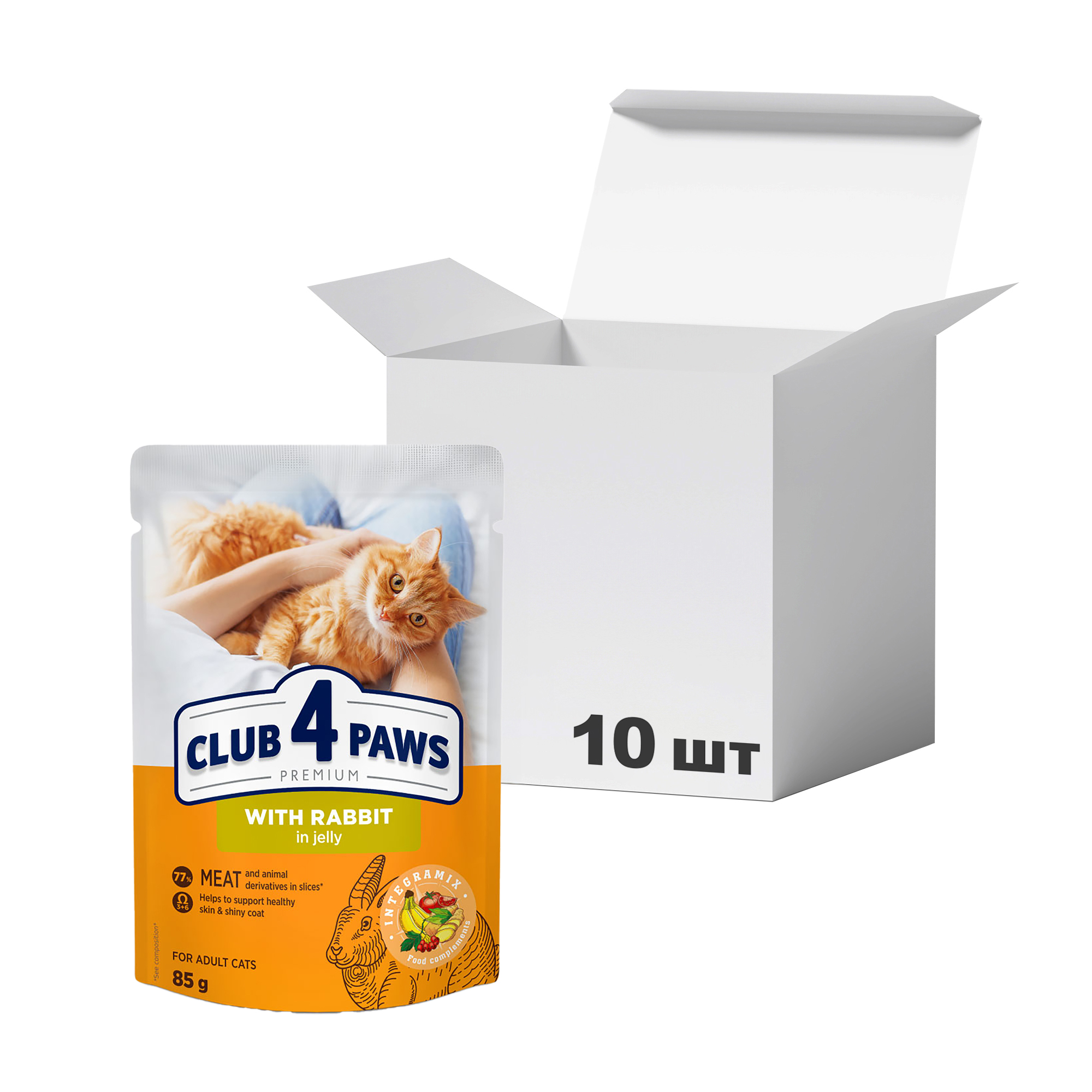 

Упаковка вологого корму для дорослих кішок Club 4 Paws Premium з кроликом у желе, 85 г * 10 шт