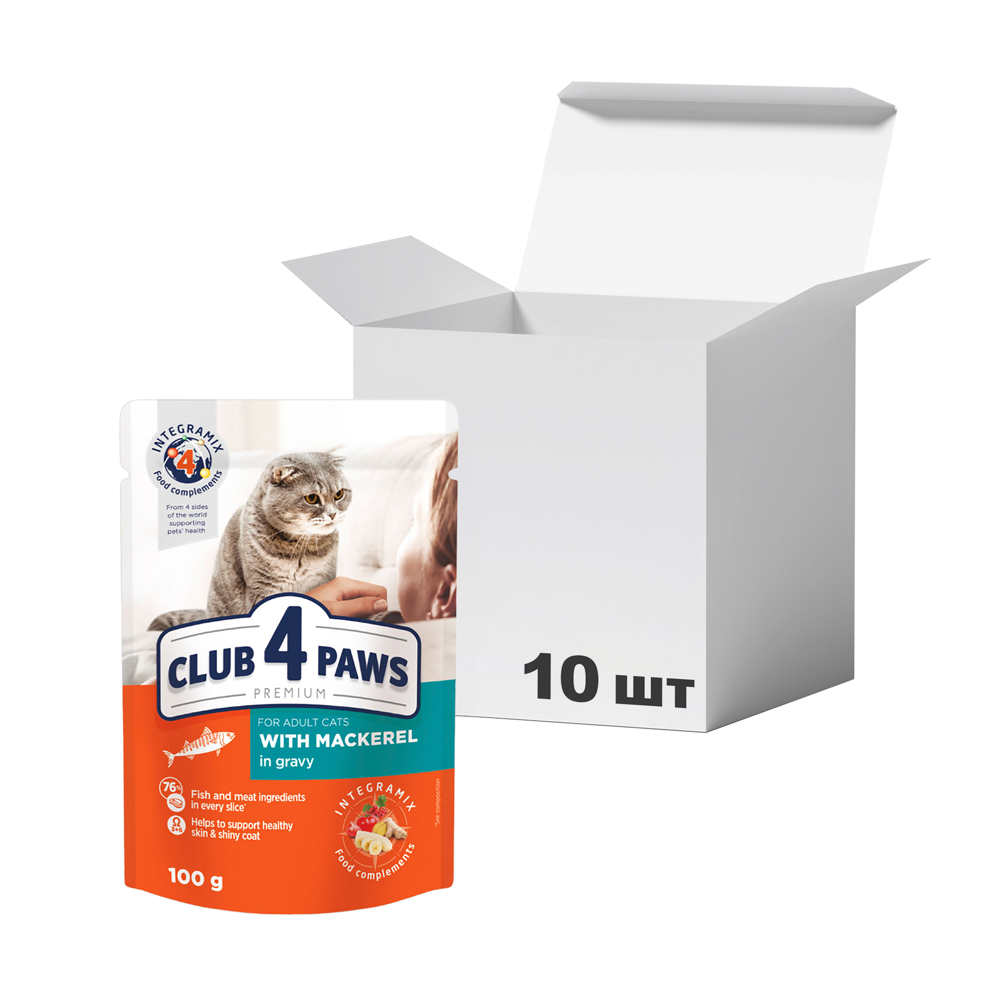 

Упаковка вологого корму для дорослих кішок Club 4 Paws Premium з макреллю в соусі, 100 г * 10 шт