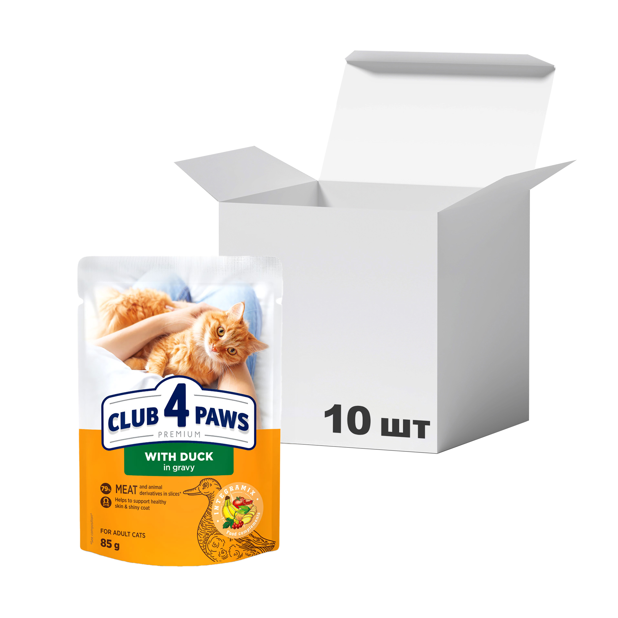 

Упаковка вологого корму для дорослих кішок Club 4 Paws Premium з качкою в соусі, 85 г * 10 шт
