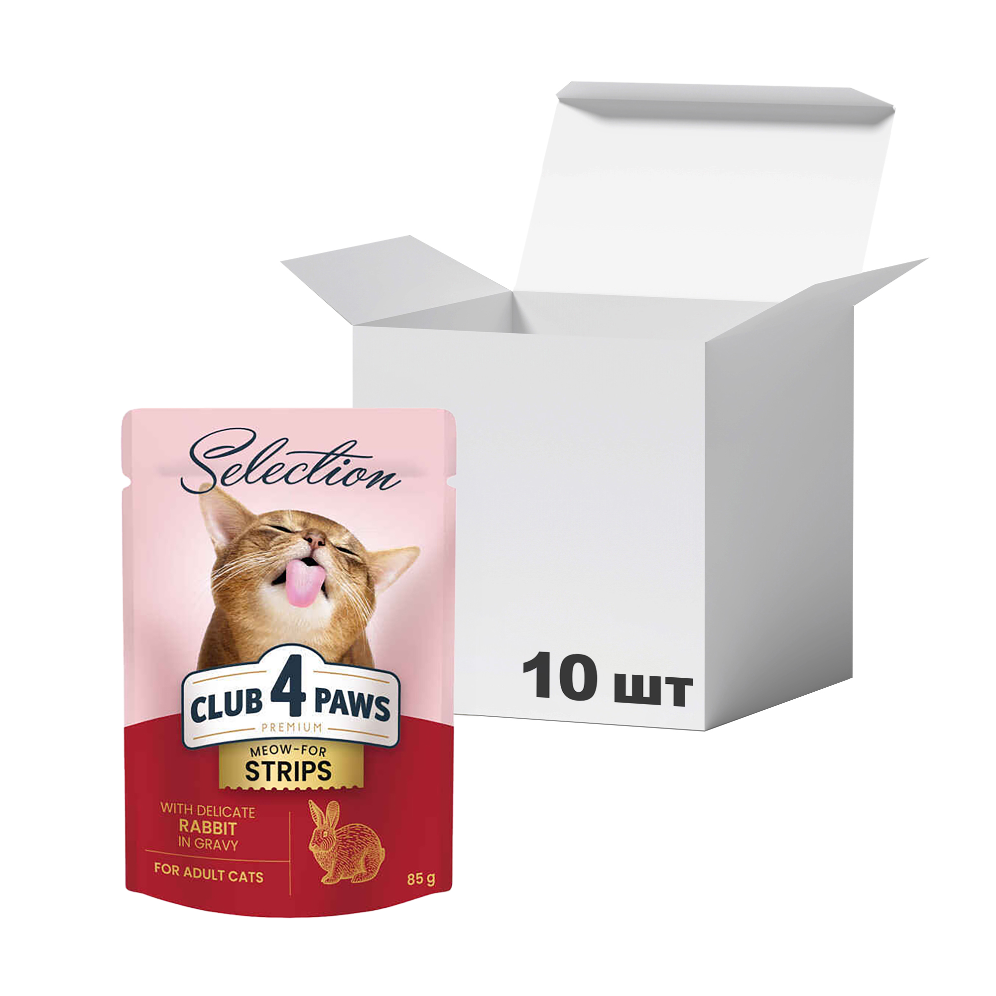

Упаковка вологого корму для дорослих кішок Club 4 Paws Meow-For Strips, з кроликом в соусі, 85 г * 10 шт