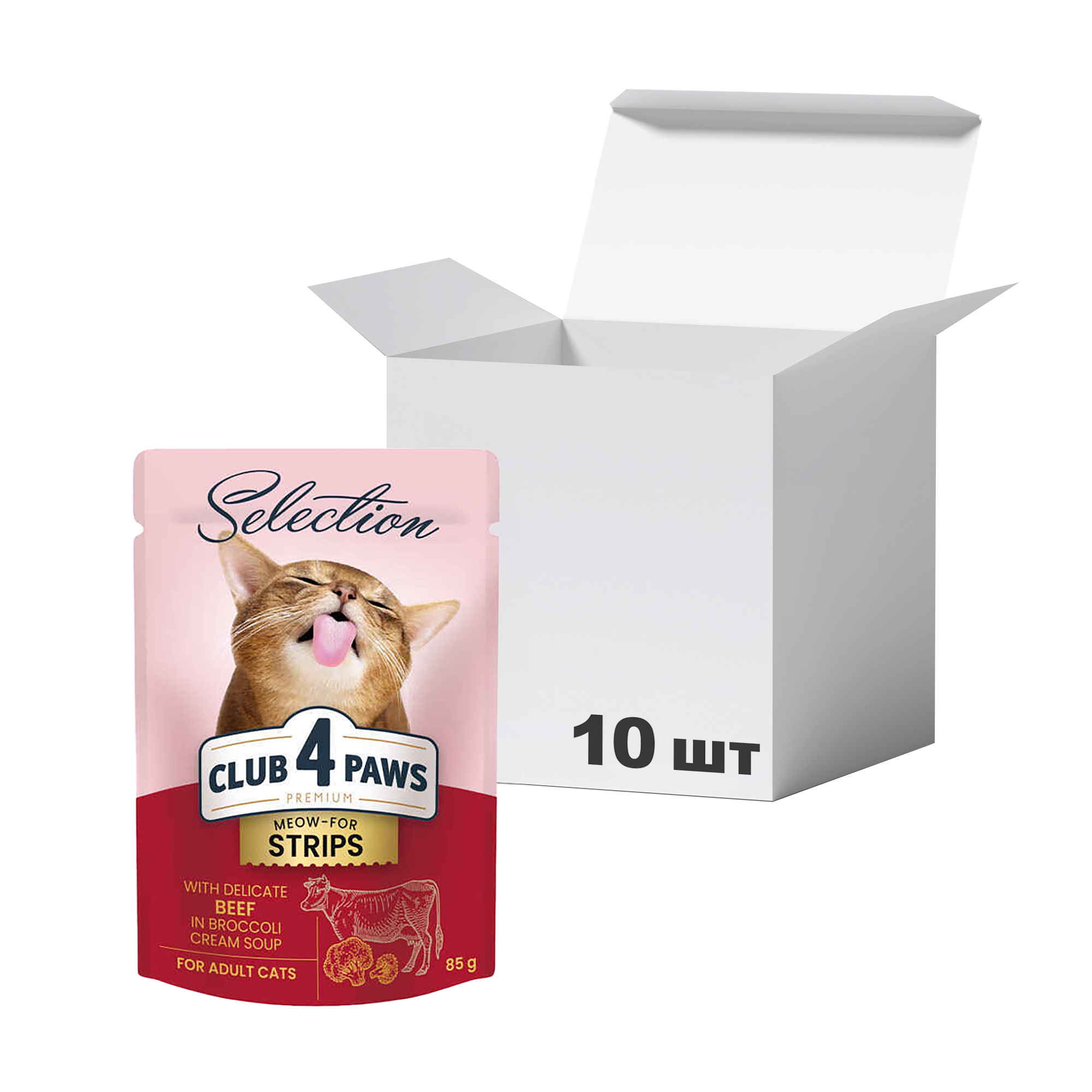 

Упаковка вологого корму для дорослих кішок Club 4 Paws Meow-For Strips, з яловичиною в крем-супі з броколі, 85 г * 10 шт