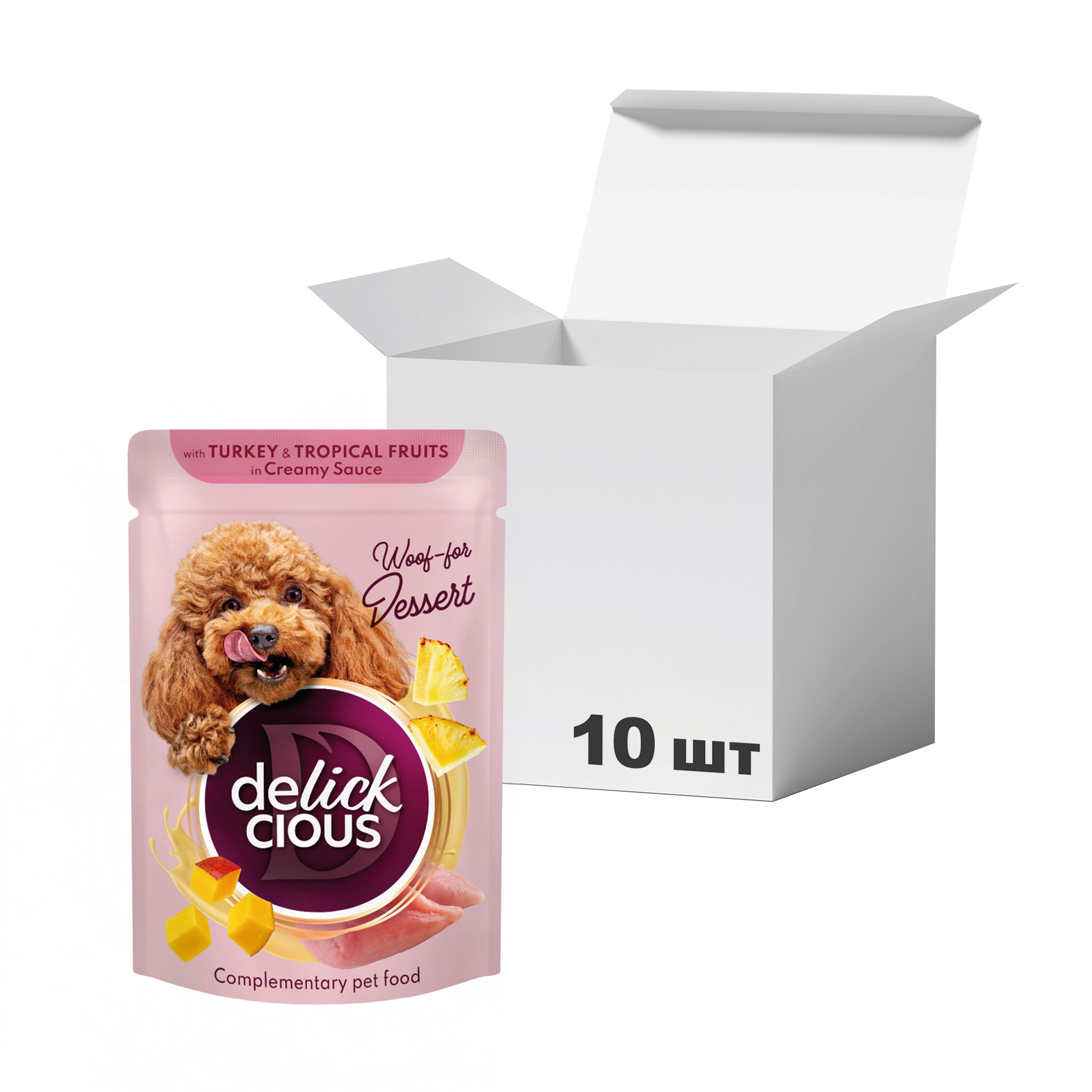 

Упаковка вологого корму для дорослих собак Delickcious Пластівці з індичкою та тропічними фруктами у вершковому соусі, 80 г * 10 шт