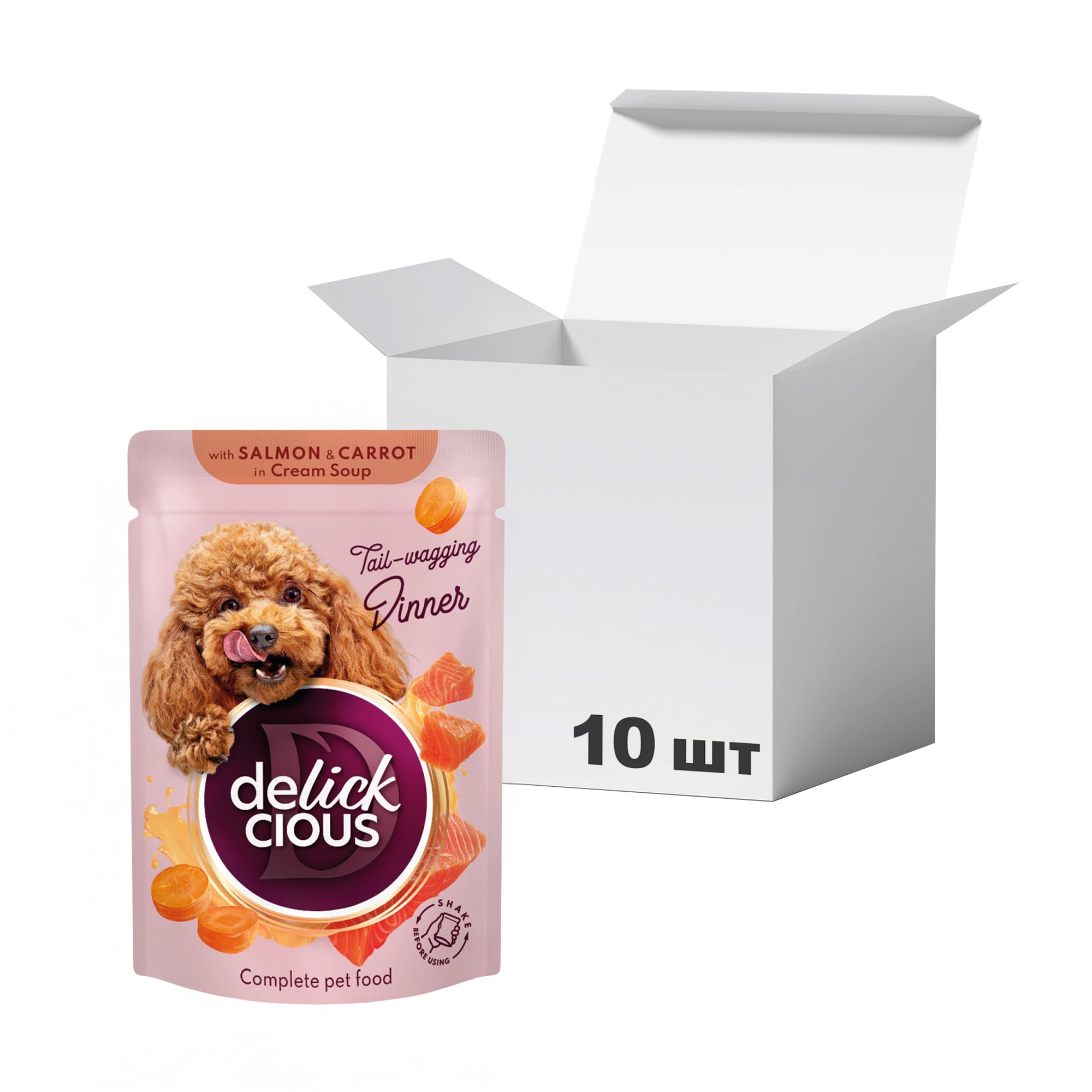 

Упаковка вологого корму для дорослих собак Delickcious Смужки з лососем та морквою в крем супі, 85 г * 10 шт