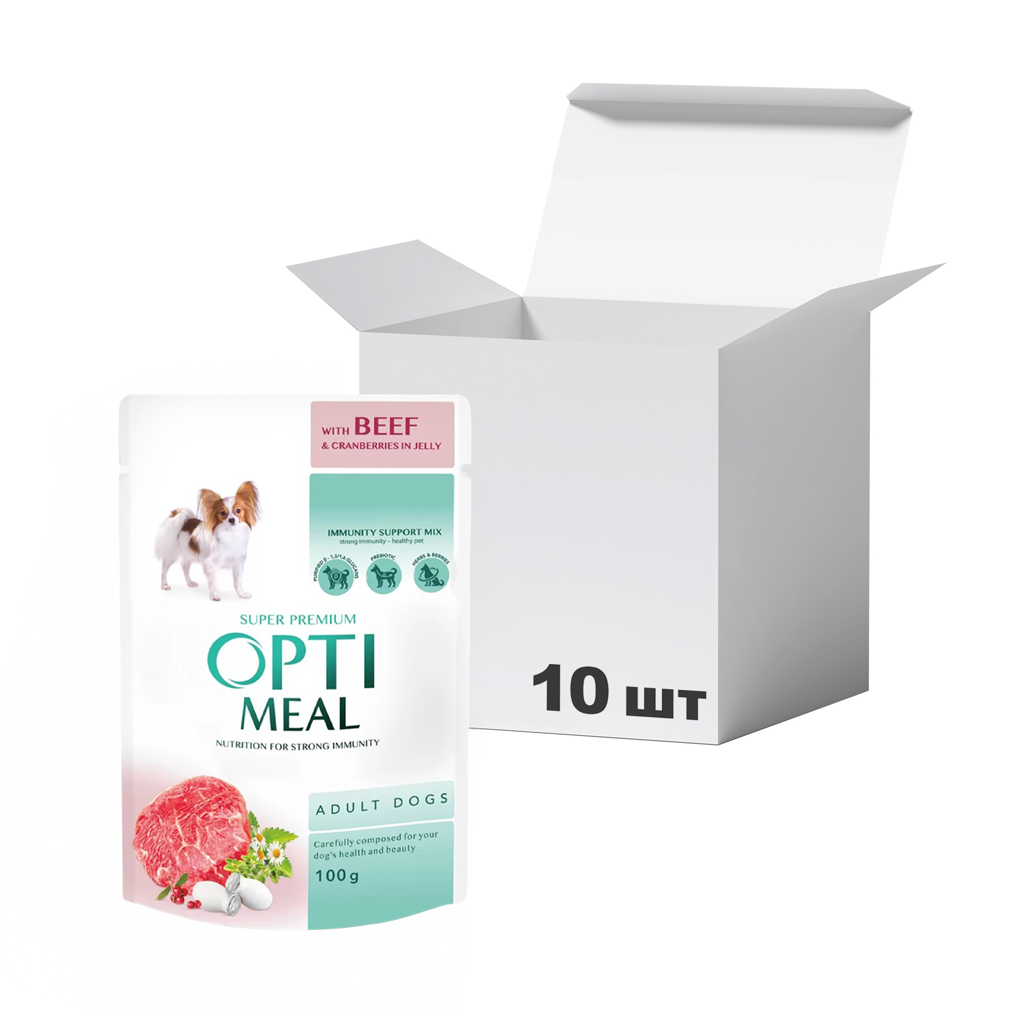 

Упаковка вологого корму для дорослих собак малих порід Optimeal Super Premium, з яловичиною та журавлиною в желе, 100 г * 10 шт