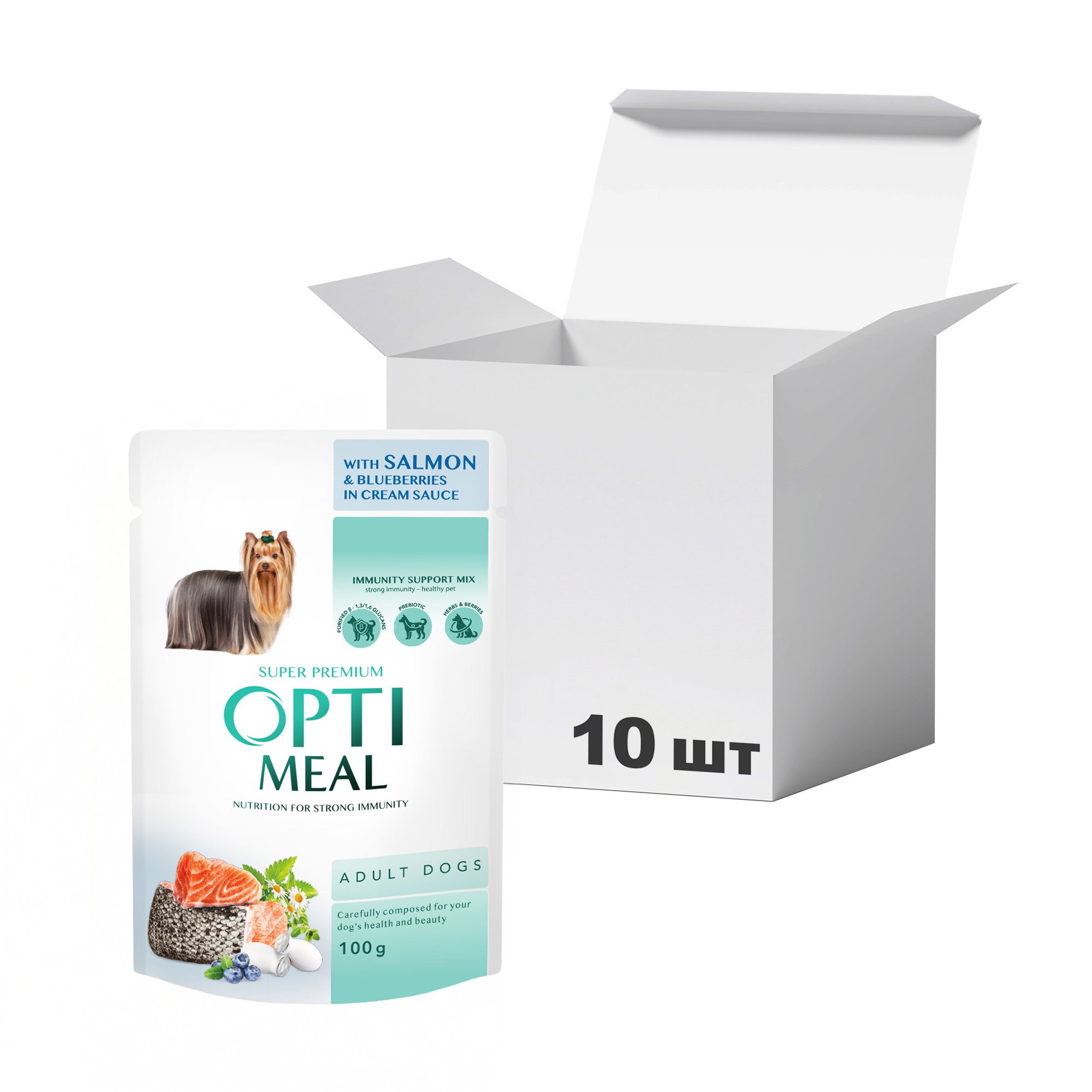 

Упаковка вологого корму для дорослих собак малих порід Optimeal Super Premium, з лососем та лохиною в соусі, 100 г * 10 шт