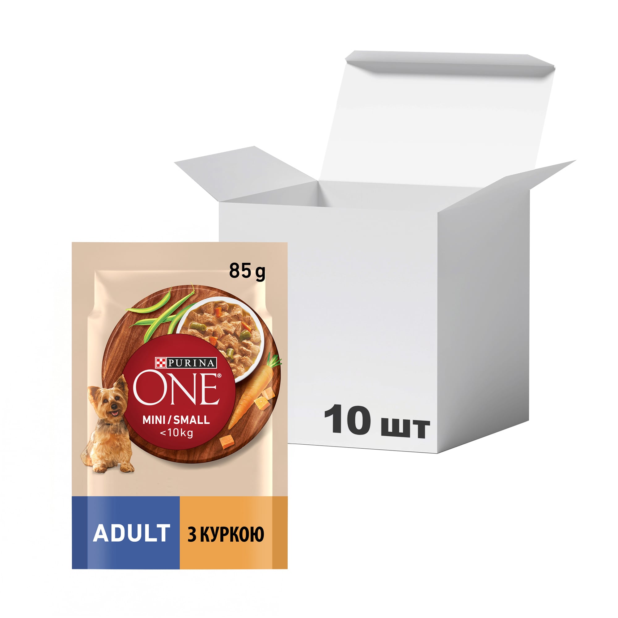 

Упаковка вологого корму для дорослих собак дрібних порід Purina One Mini/Small шматочки у підливці з куркою, морквою та зеленою квасолею, 85 г * 10 шт