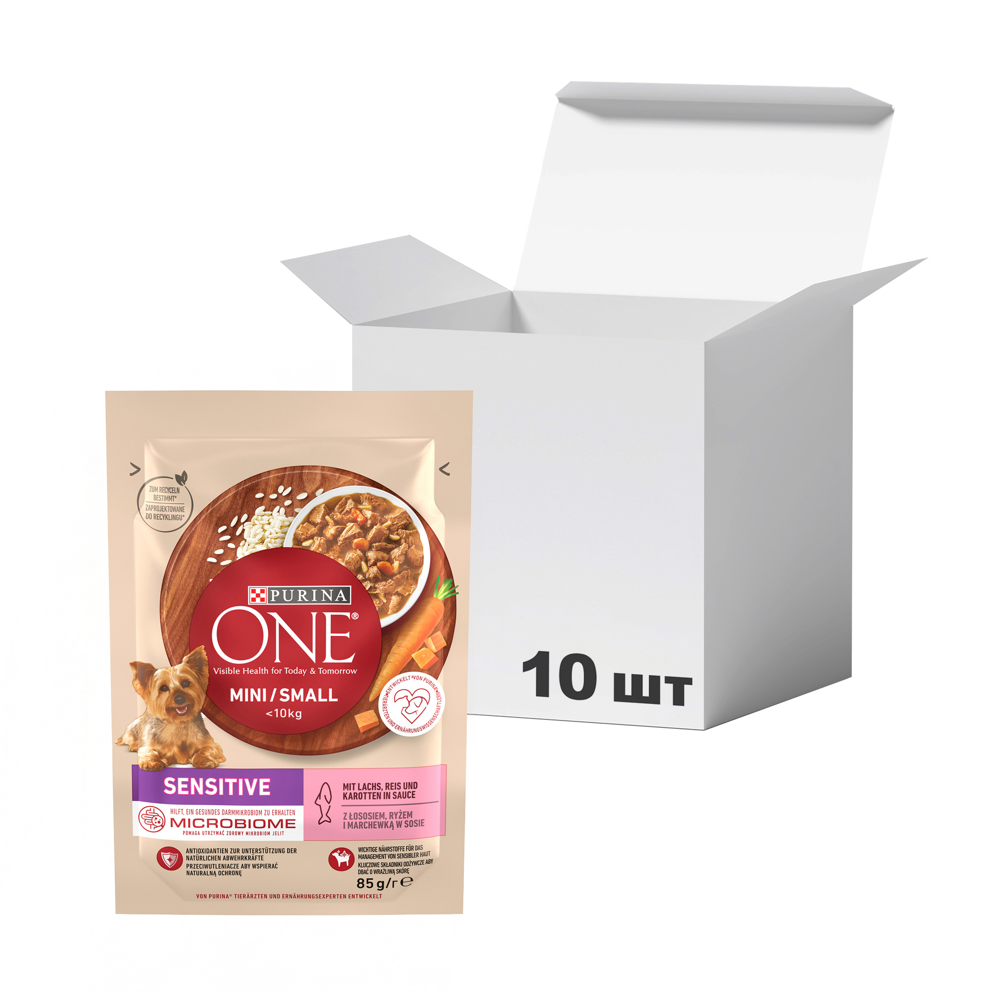 

Упаковка вологого корму для дорослих собак дрібних порід з чутливим травленням Purina One Mini/Small Sensitive з лососем та рисом, 85 г * 10 шт