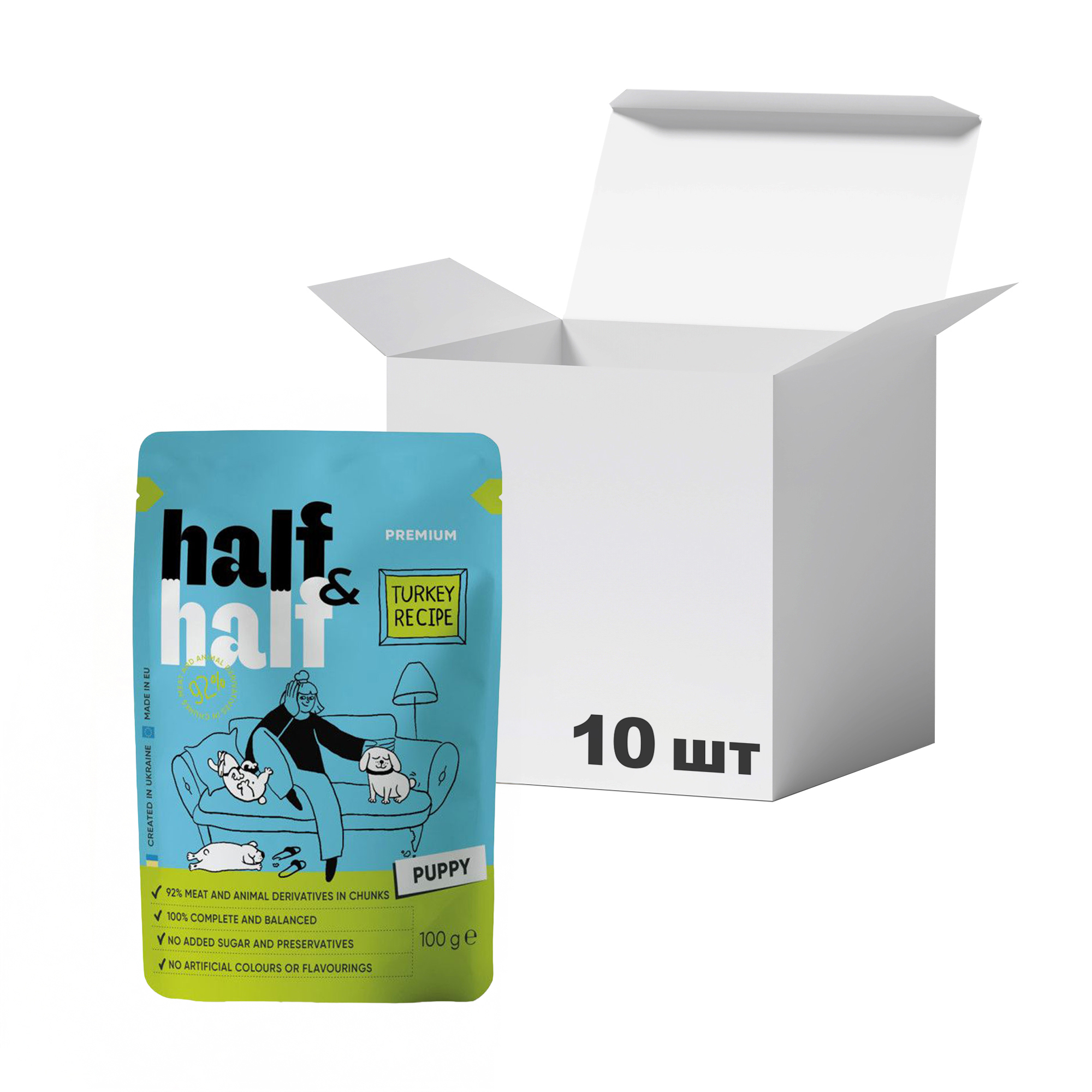 

Упаковка вологого корму для цуценят Half&Half Turkey In Gravy For Puppy шматочки індички в соусі, 100 г * 10 шт