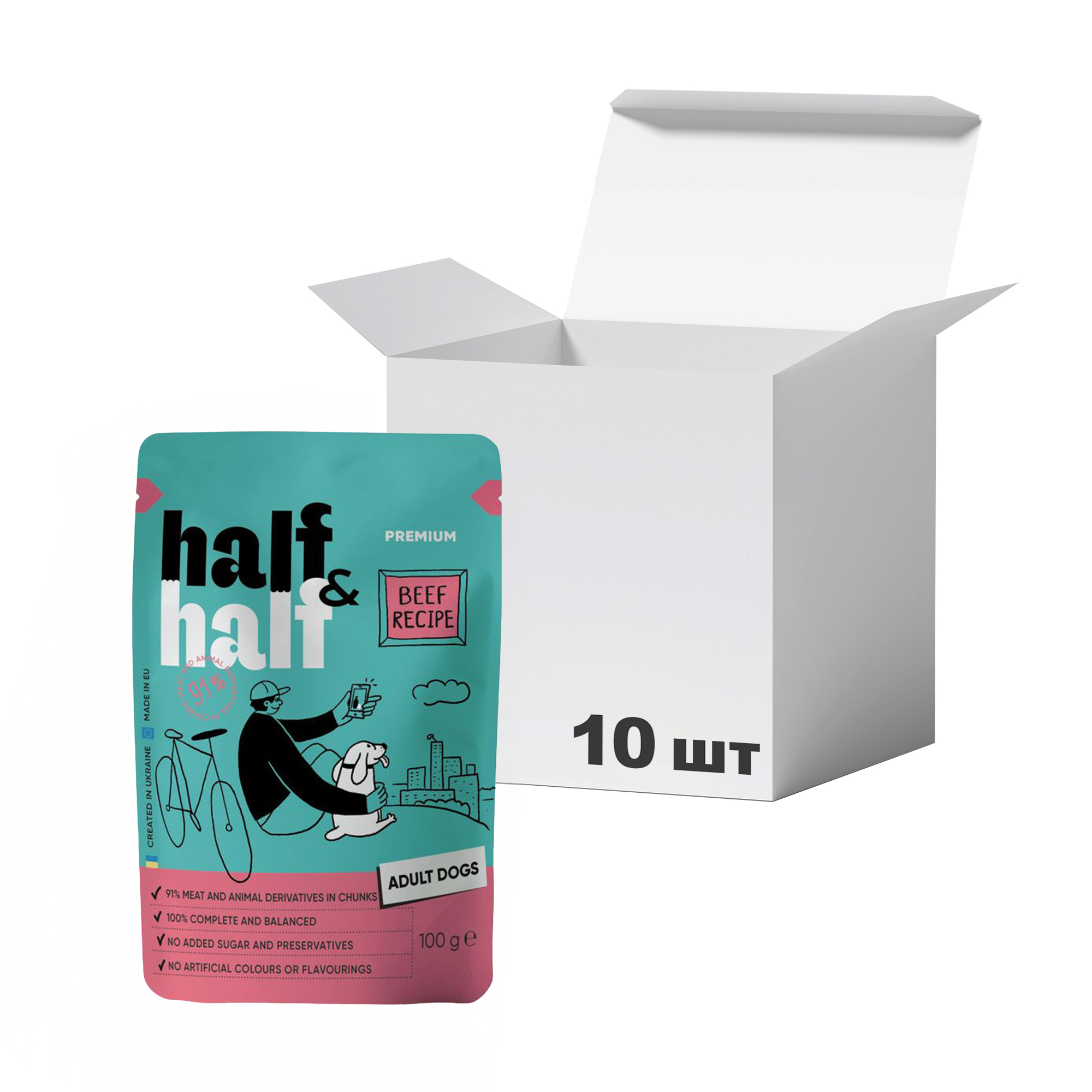 

Упаковка вологого корму для дорослих собак Half&Half Beef In Gravy For Adult Dogs шматочки яловичини в соусі, 100 г * 10 шт