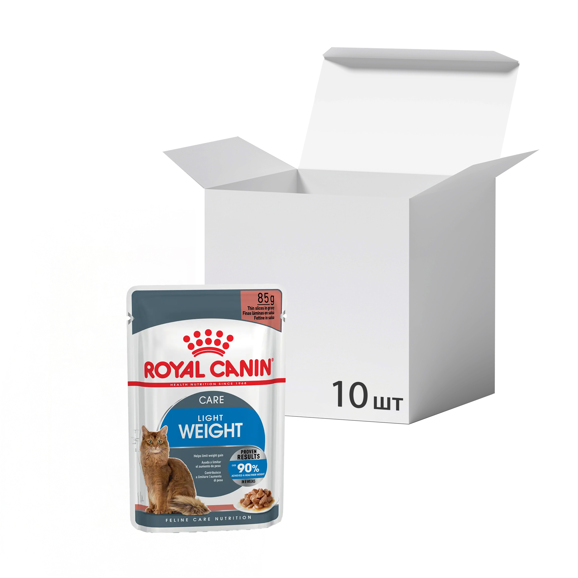 

Упаковка вологого корму для дорослих котів Royal Canin Light Weight Care шматочки в соусі, для зниження зайвої ваги, 85 г * 10 шт