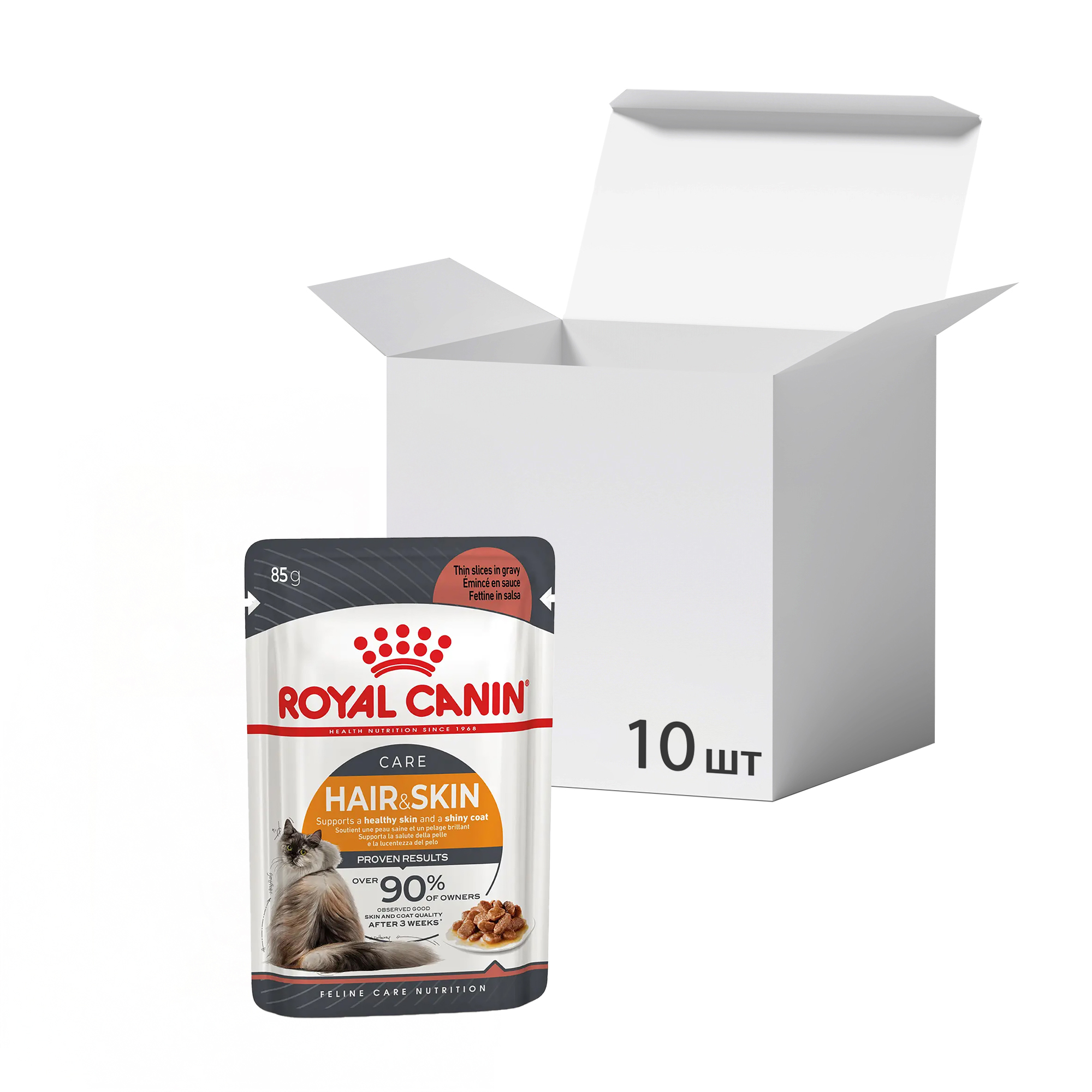 

Упаковка вологого корму для дорослих котів Royal Canin Hair & Skin Care шматочки в соусі, для підтримки здоров'я шкіри та шерсті, 85 г * 10 шт