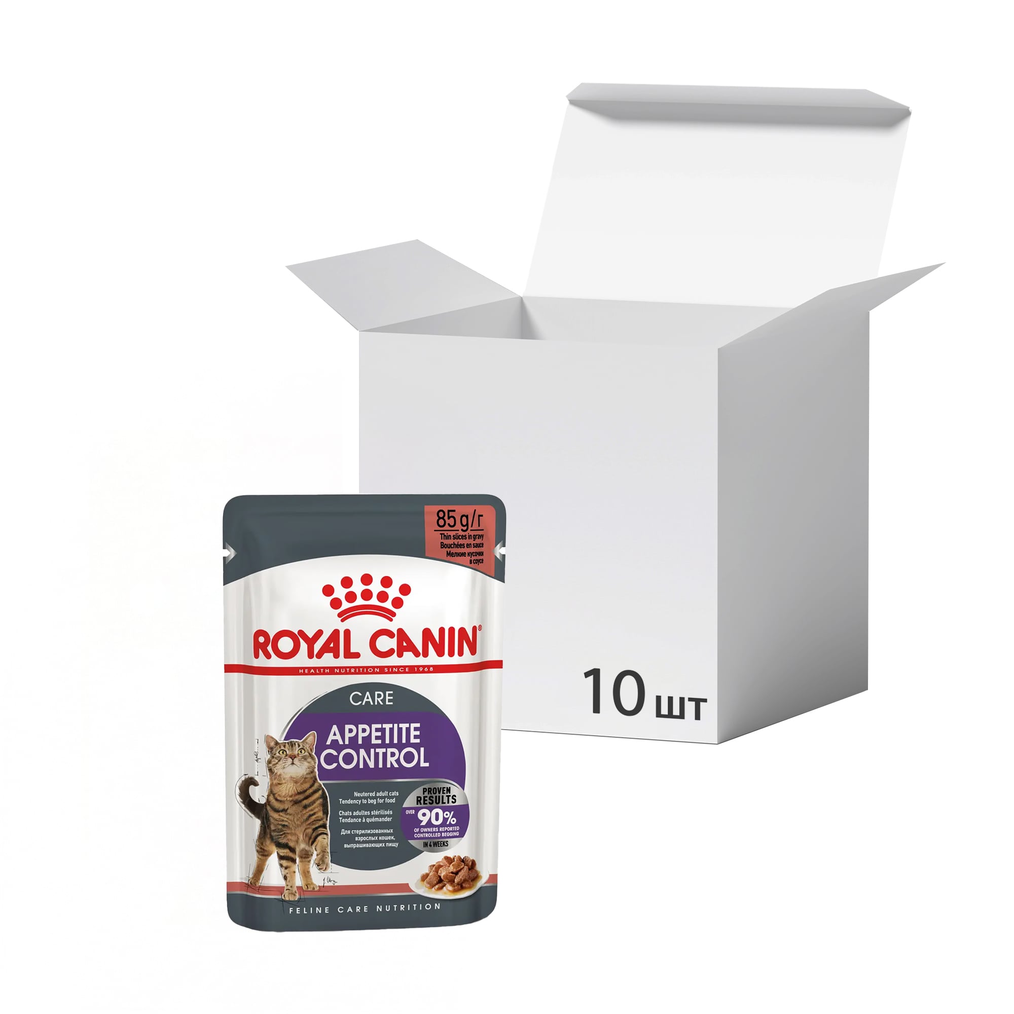 

Упаковка вологого корму для дорослих стерилізованих котів Royal Canin Appetite Control Care шматочки в соусі, від випрошування корму, 85 г * 10 шт