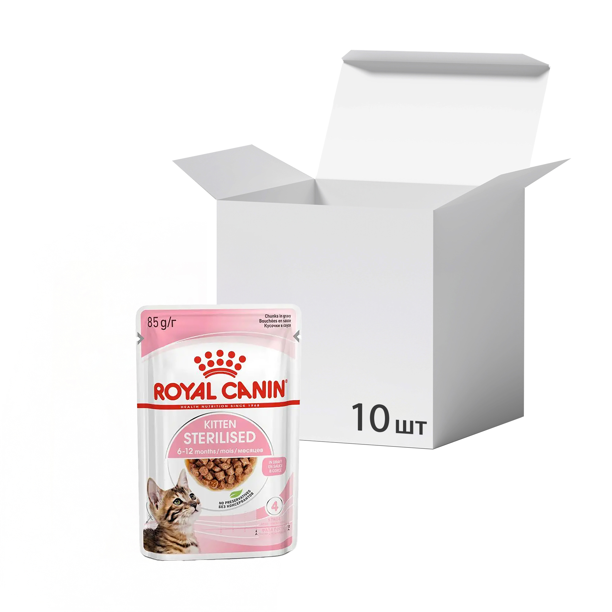 

Упаковка вологого корму для стерилізованих кошенят Royal Canin Kitten Sterilised шматочки в соусі, 85 г * 10 шт