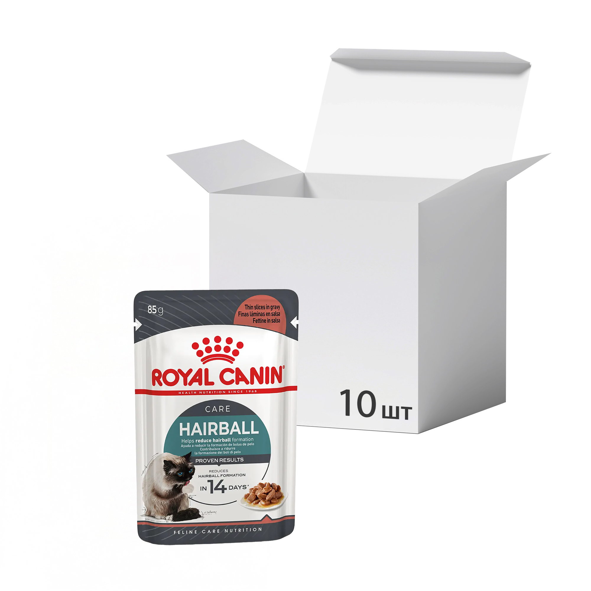 

Упаковка вологого корму для дорослих котів Royal Canin Hairball Care шматочки в соусі, для виведення грудок шерсті, 85 г * 10 шт