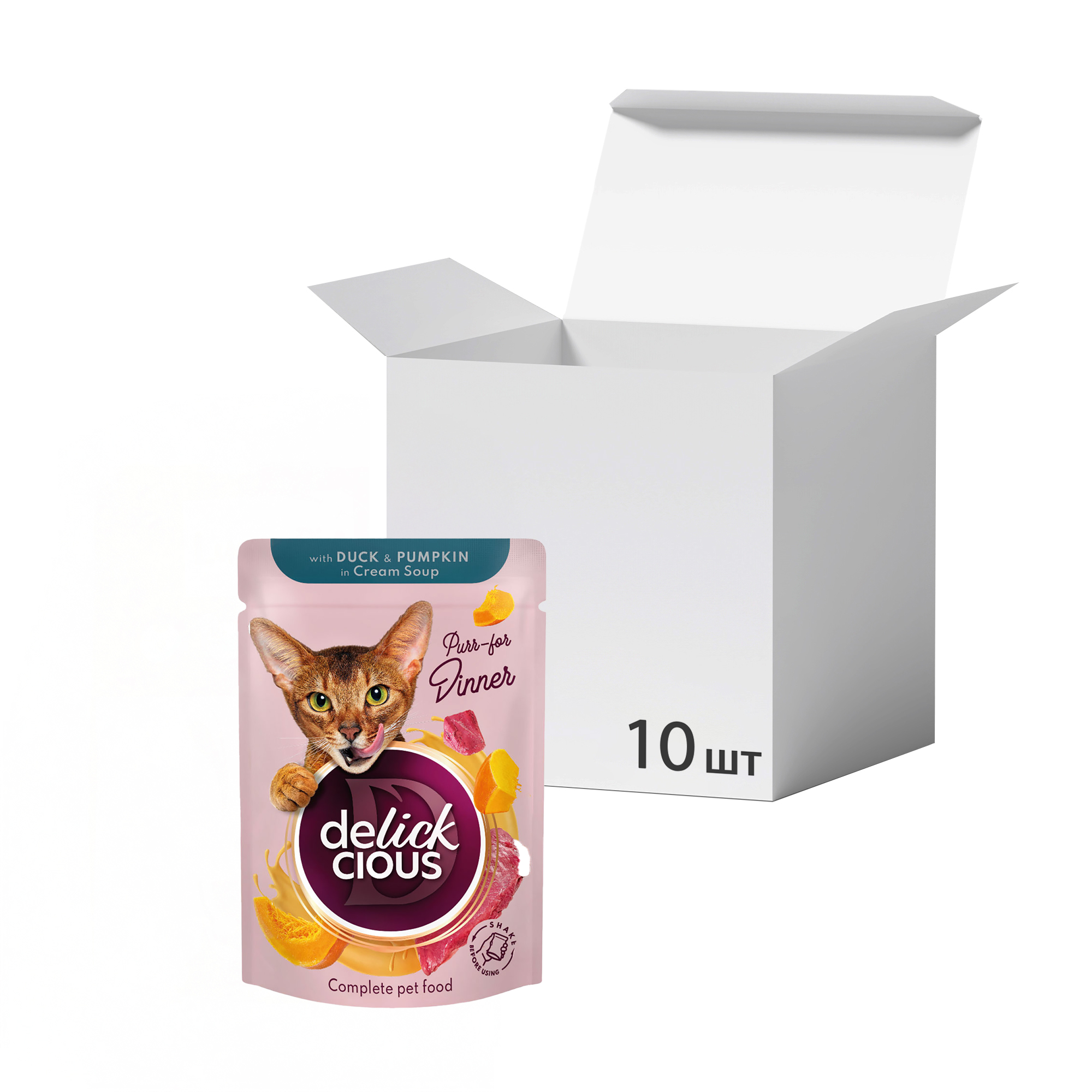 

Упаковка вологого корму для дорослих котів Delickcious Смужки з качкою та гарбузом в крем супі, 85 г * 10 шт