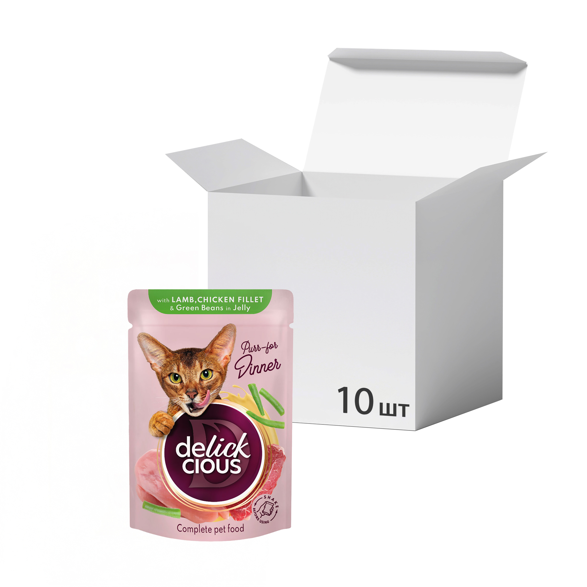 

Упаковка вологого корму для дорослих котів Delickcious Шматочки з ягнятиною, курячим філе та квасолею спаржевою в желе, 85 г * 10 шт