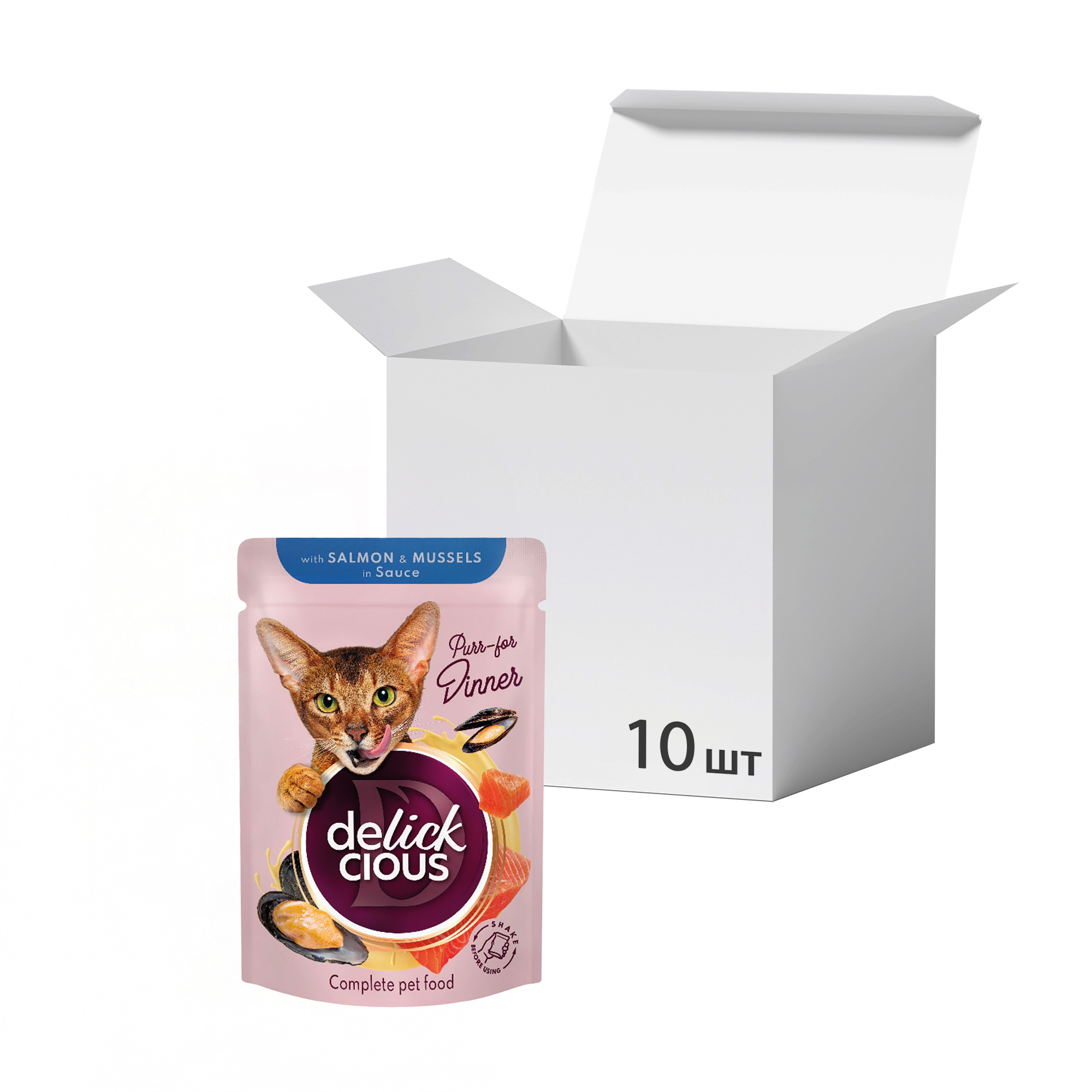 

Упаковка вологого корму для дорослих котів Delickcious Шматочки з лососем та мідіями в соусі, 85 г * 10 шт