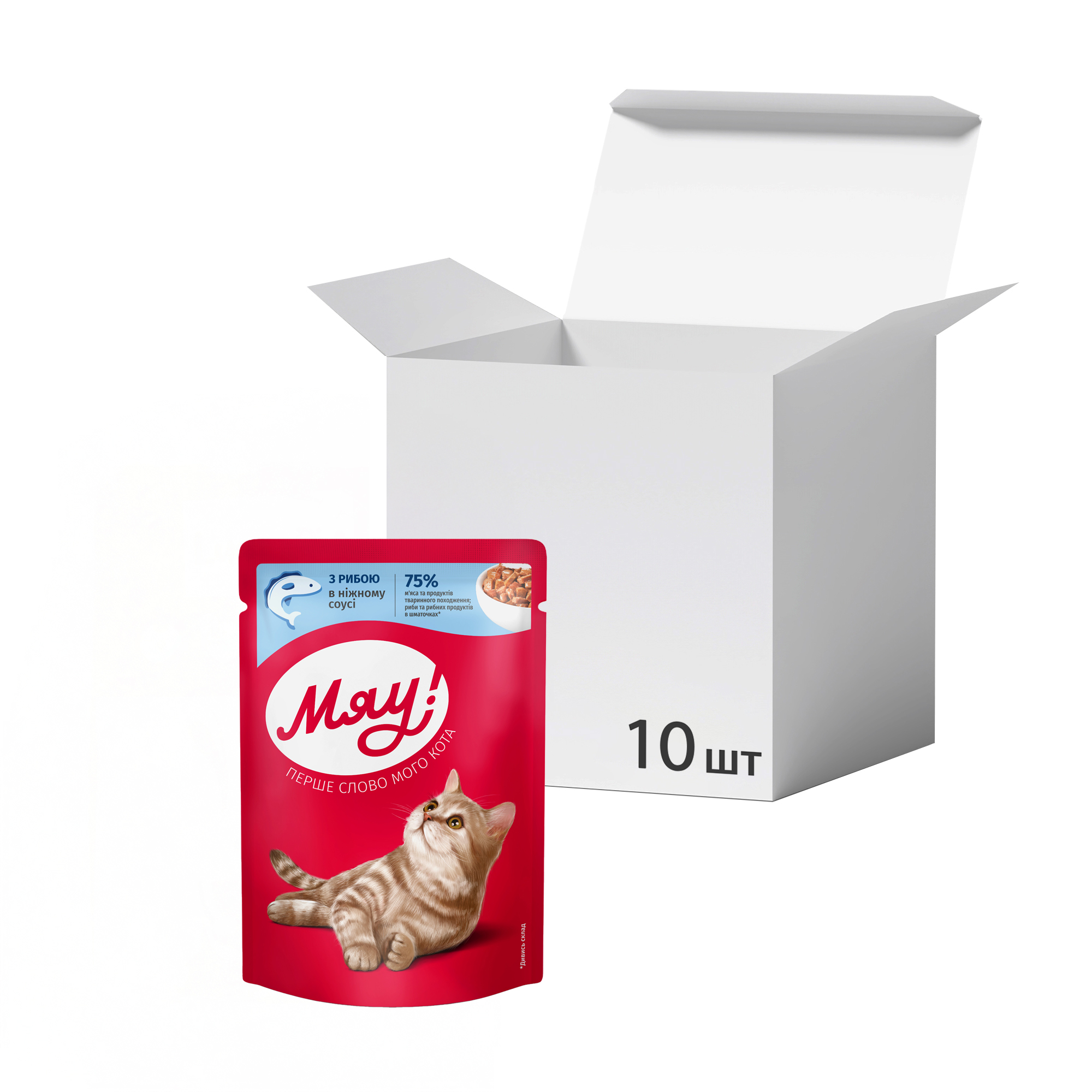 

Упаковка вологого корму для котів Мяу! з рибою в ніжному соусі, 85 г * 10 шт