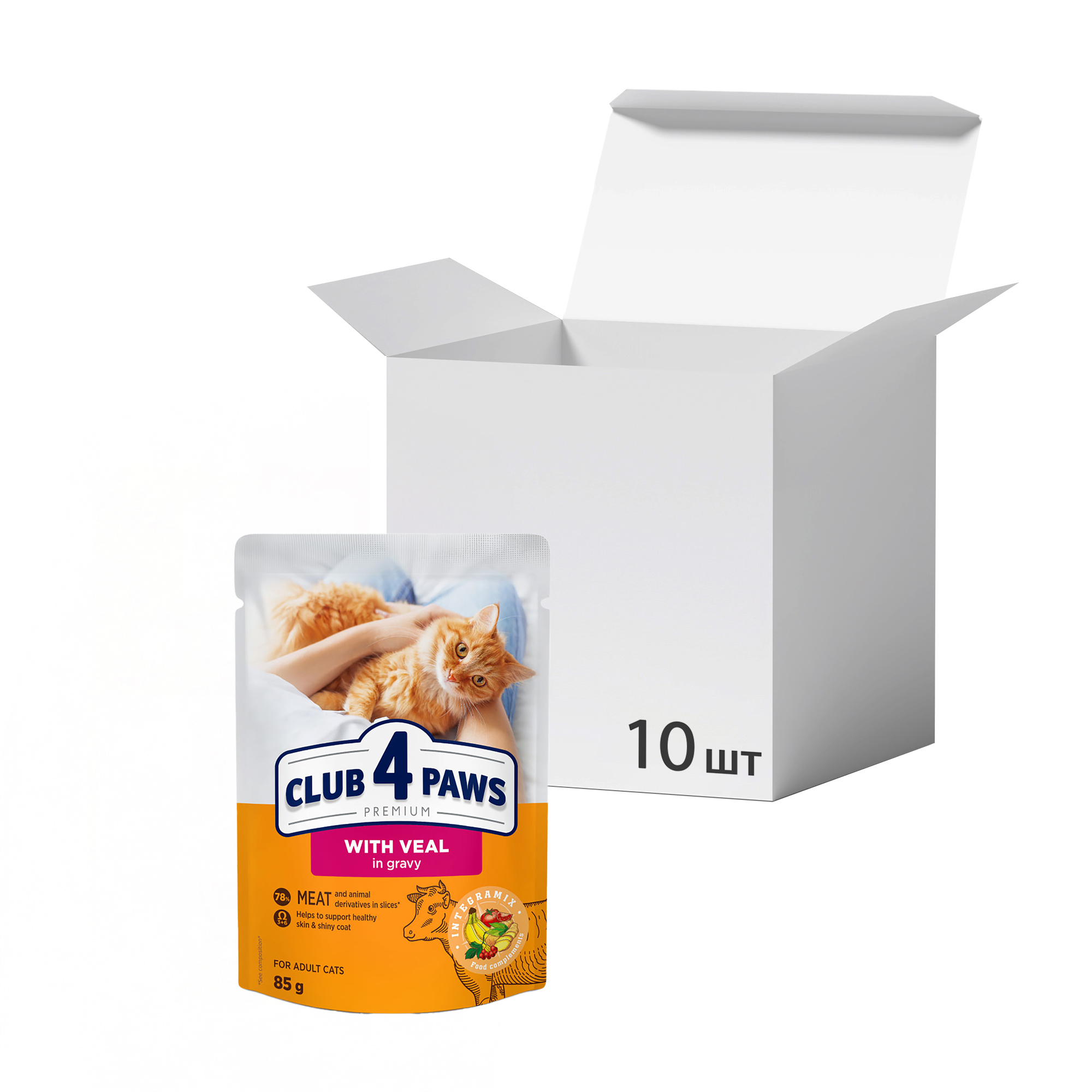

Упаковка вологого корму для дорослих котів Club 4 Paws Premium з телятиною в соусі, 85 г * 10 шт