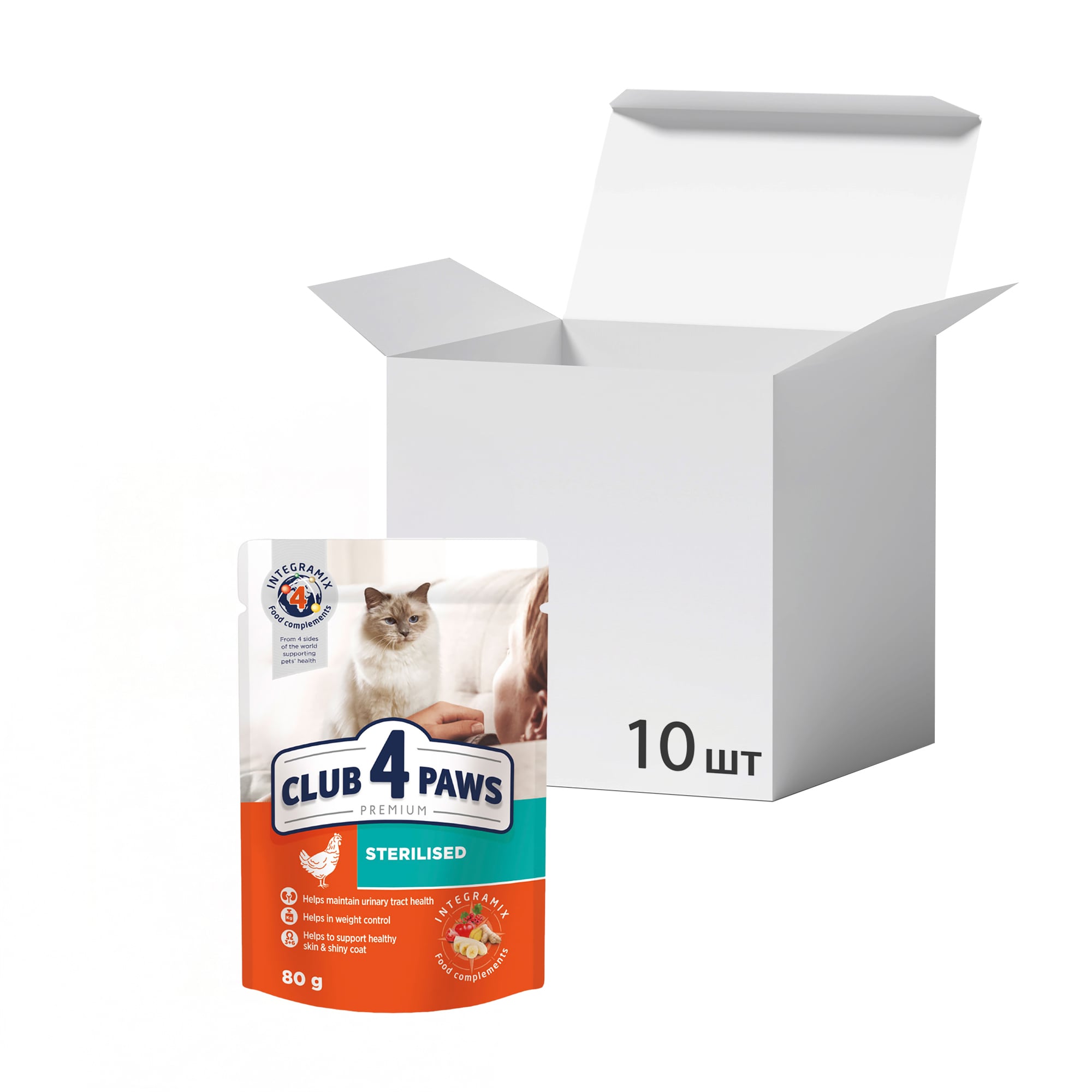 

Упаковка вологого корму для дорослих стерилізованих котів Club 4 Paws Premium, 80 г * 10 шт