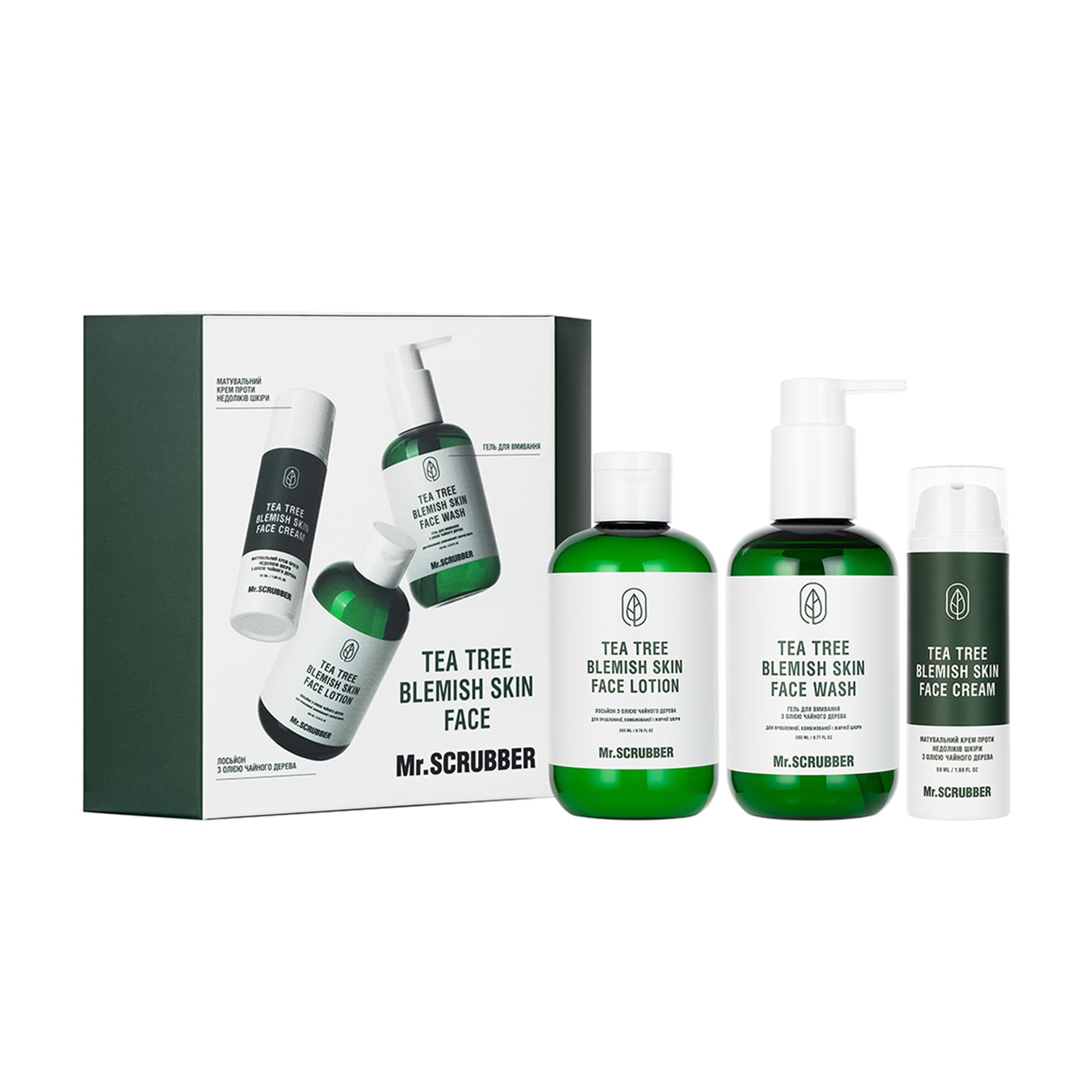 

Подарунковий набір для обличчя Mr.Scrubber Tea Tree Blemish Skin Face (гель, 200 мл + лосьйон, 200 мл + крем, 50 мл)