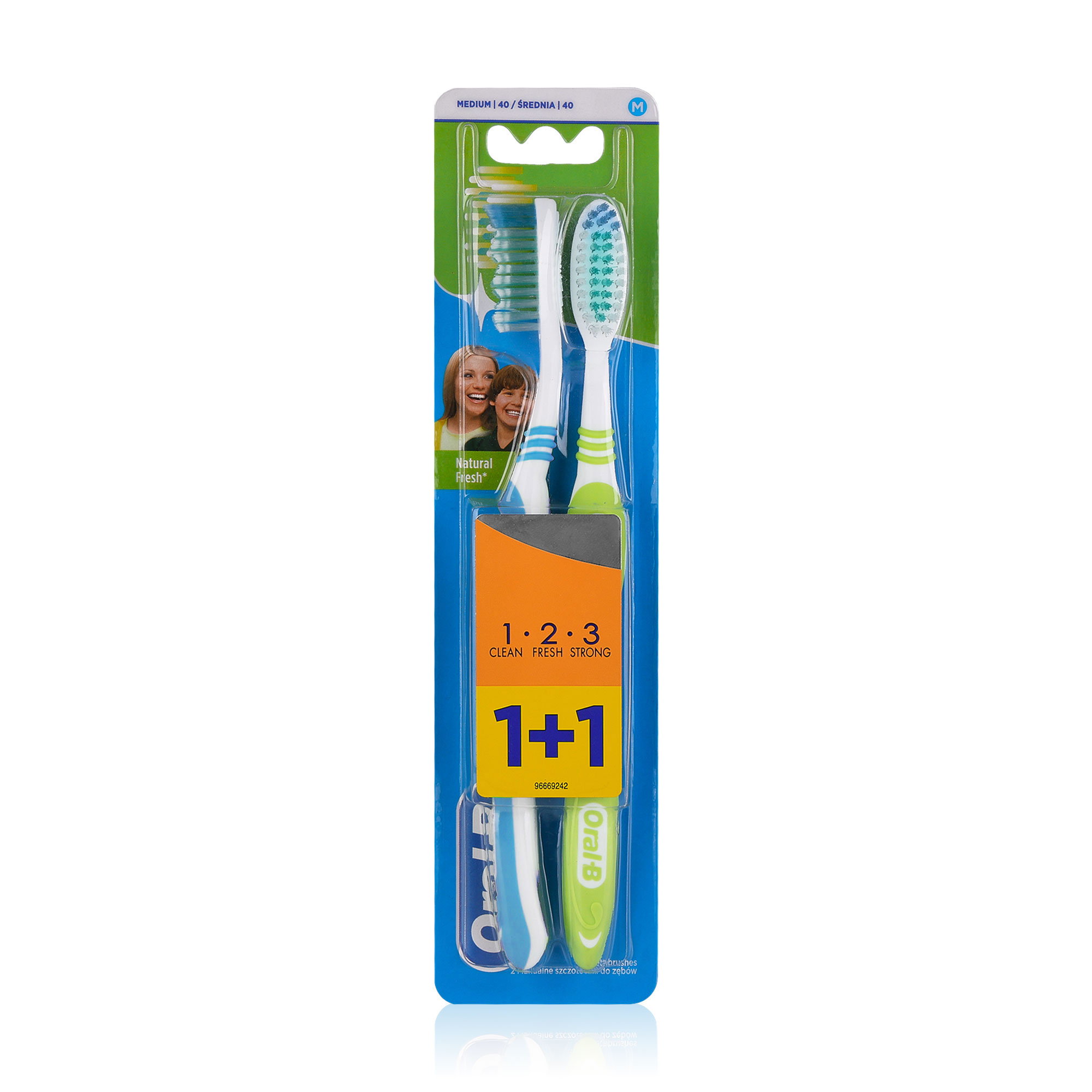

Зубна щітка Oral-B Природна свіжість 1-2-3, середньої жорсткості, блакитна-зелена, 2 шт