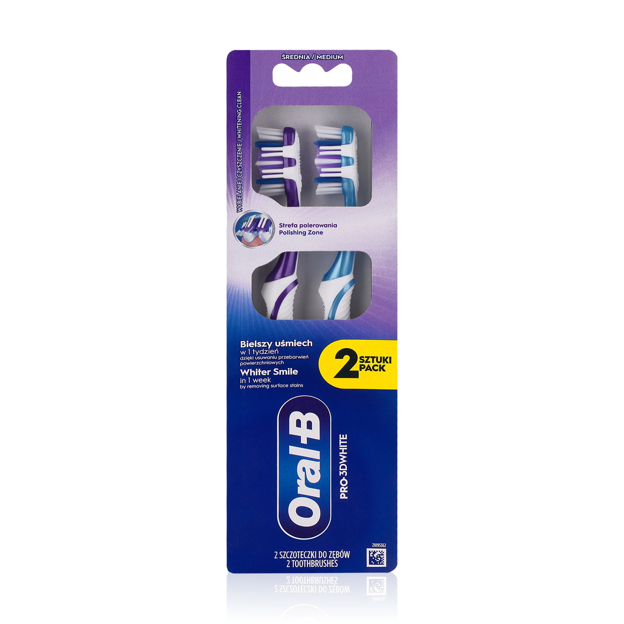

Зубна щітка Oral-B Pro 3D White Середня жорсткість, фіолетова та блакитна, 2 шт