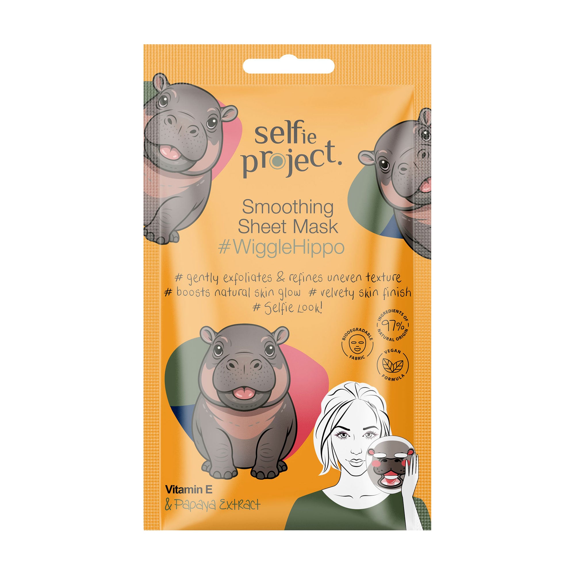 

Розгладжувальна тканинна маска для обличчя Selfie Project Smoothing Sheet Mask Wiggle Hippo, 1 шт