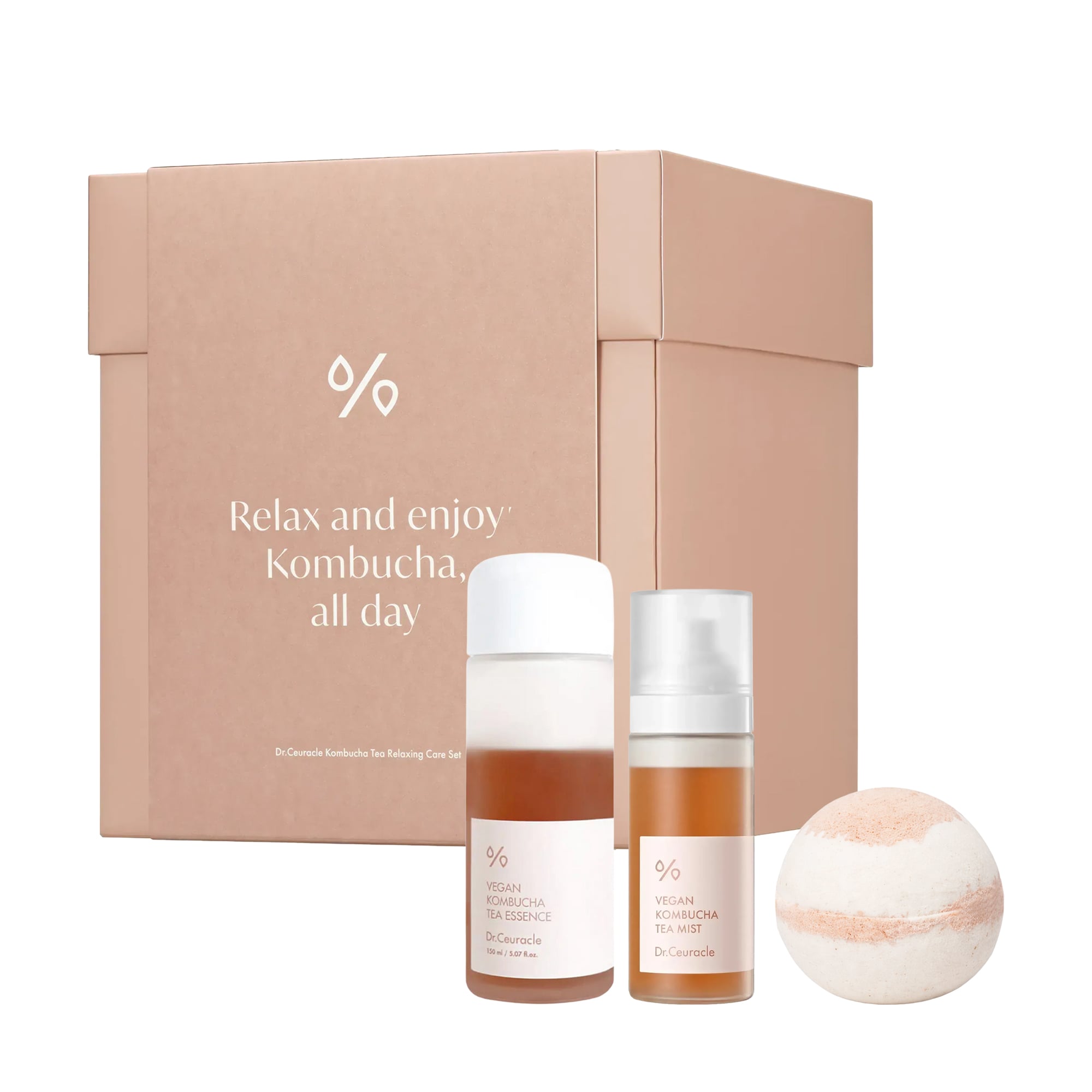 

Набір Dr.Ceuracle Vegan Kombucha Tea Relaxing Care Set з екстрактом комбучі та чорного чаю (есенція, 150 мл + міст, 80 мл + бомбочка, 150 г)