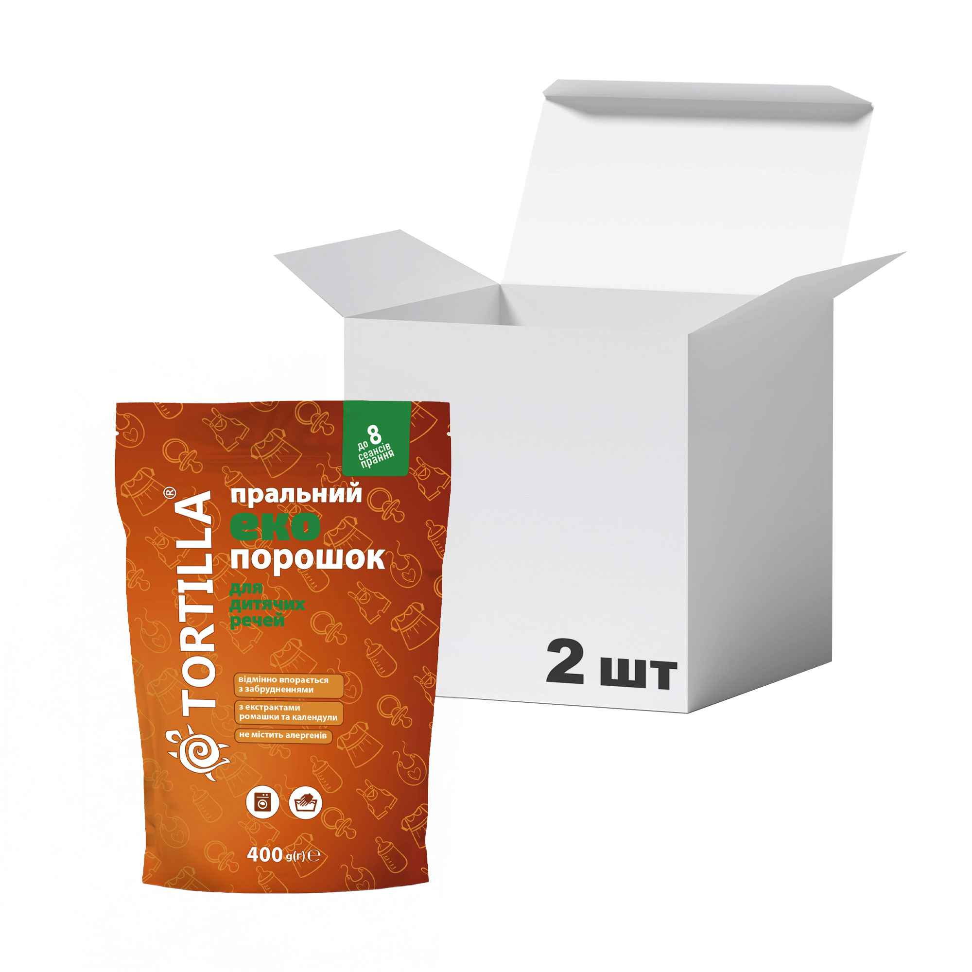 

Упаковка пральних порошків Tortilla Eco для дитячих речей, 8 циклів прання, 400 г * 2 шт