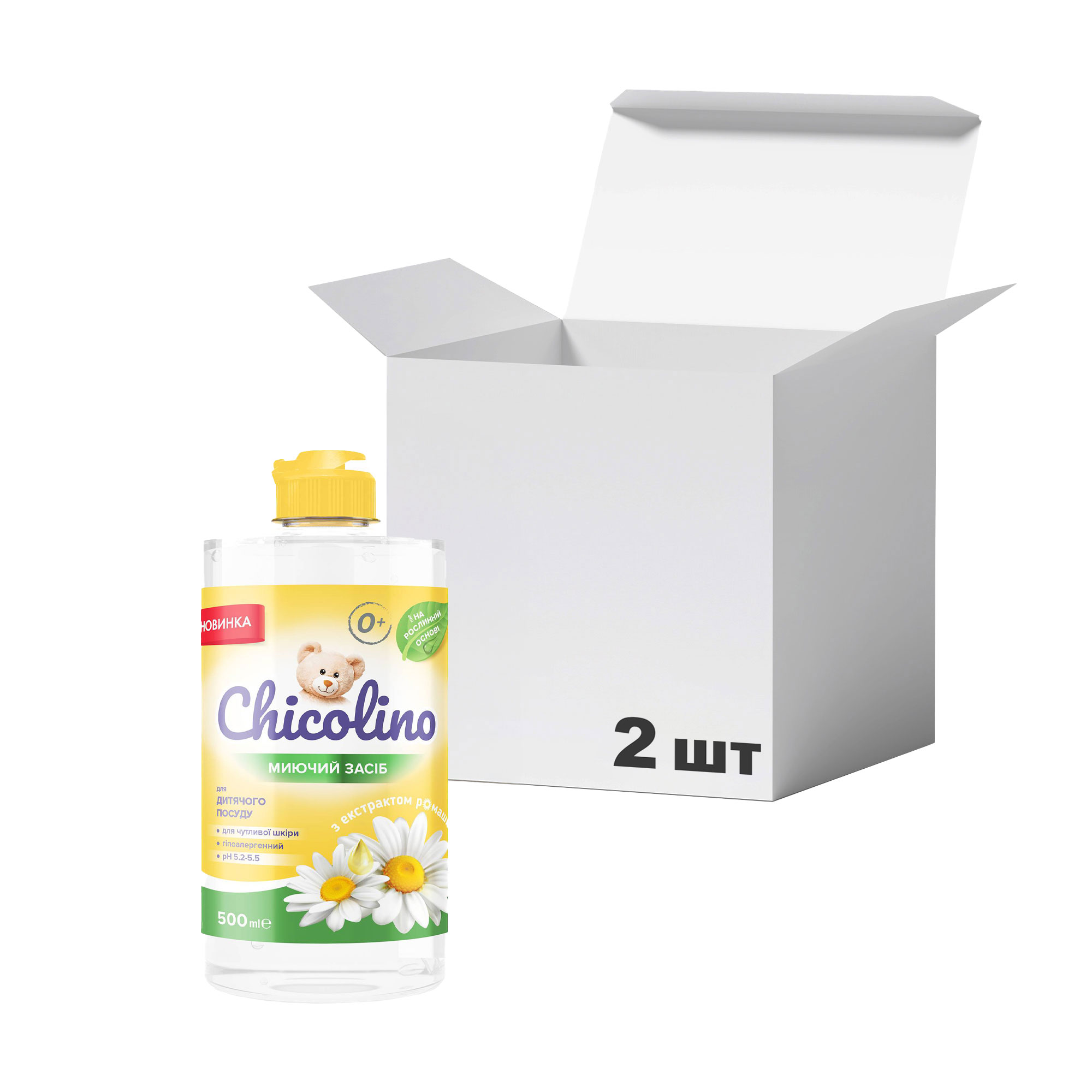 

Упаковка засобів для миття дитячого посуду Chicolino з екстрактом ромашки, pH 5.2-5.5, 500 мл * 2 шт