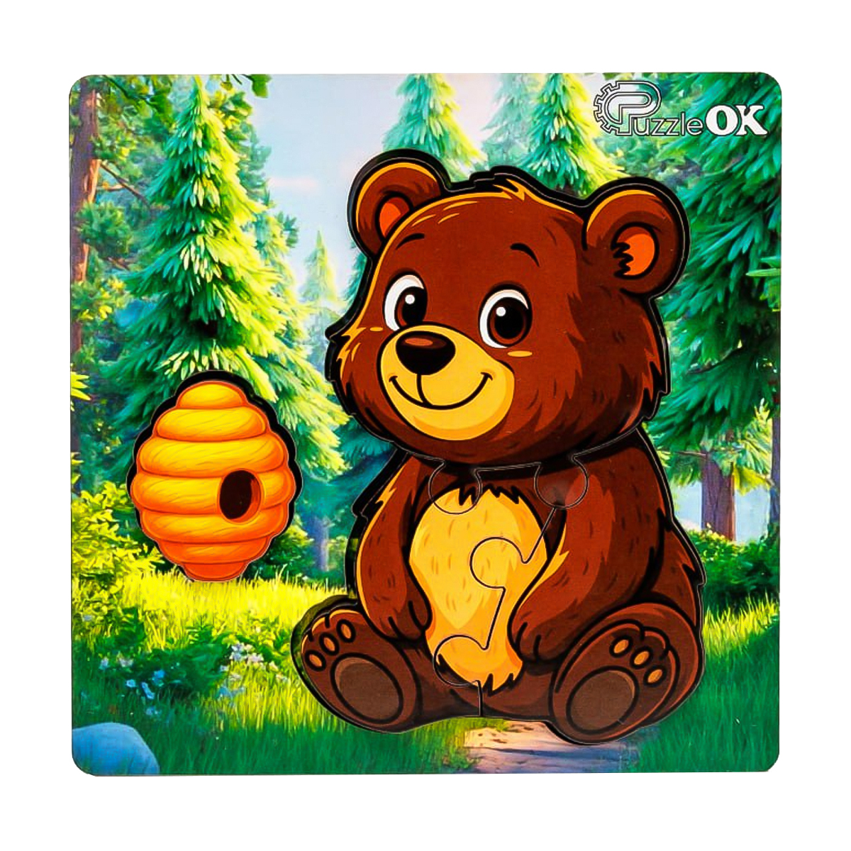 

Дерев'яний сортер PuzzleOk Лісовий ведмедик, 4 деталі, від 1.5 року, 14*14 см (Puz-88754)