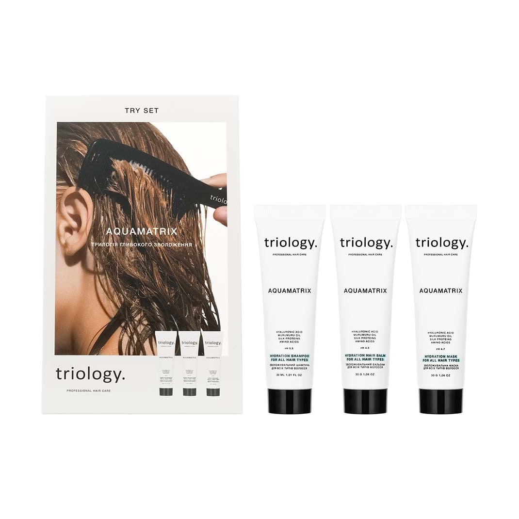 

Набір для волосся triology. Aquamatrix Try Set Трилогія глибокого зволоження (шампунь, 30 мл + бальзам, 30 мл + маска, 30 мл)